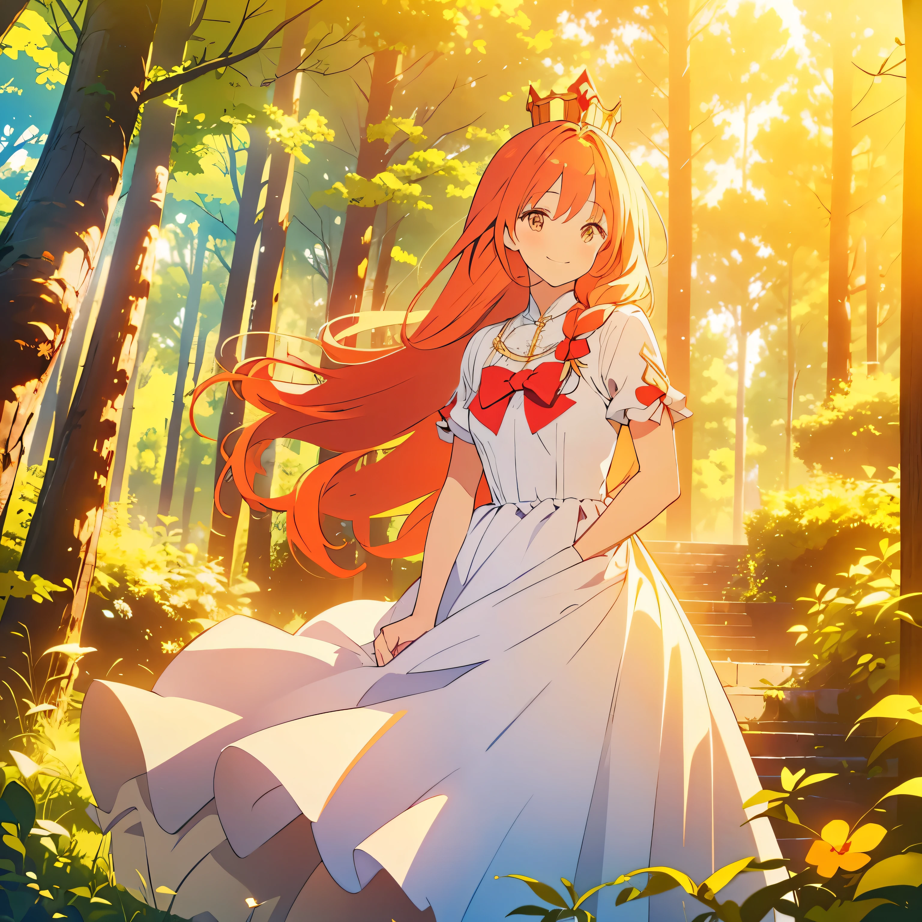 A princess, white dress, long red hair, a yellow crown, smilling, in a forest