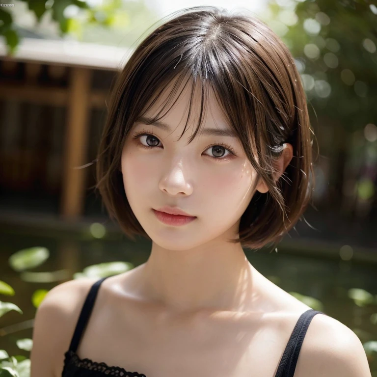 Realistic:1.3), Rembrandt Lighting, (masterpiece:1.2), (photoRealistic:1.2), (highest quality), (Detailed skin:1.3), (Intricate details), Ray Tracing,One girl, In detail,real, One Girl, Very beautiful face and eyes,Short Hair, 顔front, (Intricate details), dramatic, Ray Tracing, 顔front, Short Hair, Scattered beneath the surface, front, bangs, Hair between the eyes, One girl, Cute Japanese Girl,Detailed skin texture, Bare skin above the collarbone, Shoulder Bare Skin, masterpiece, highest quality, High resolution, View your viewers,