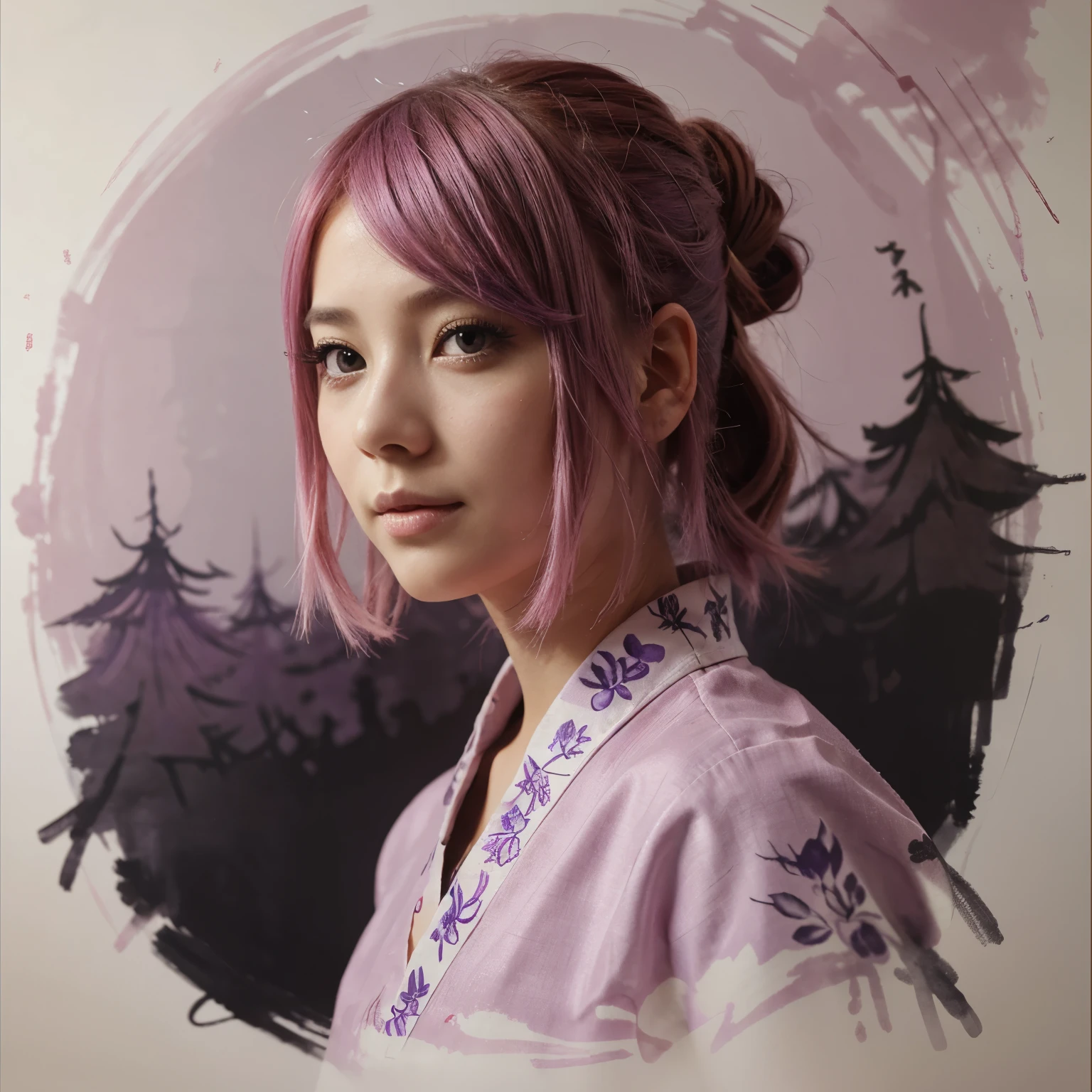 a girl, pink hair ,purple eyes, traditional Chinese ink painting