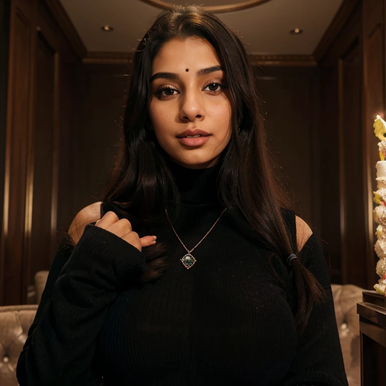 pretty Kashmiri Indian fertile 18-year-old extra super healthy thick billionaire 9-month pregnant women, happy face, septum in nose, long hair, blue eyes, wore thick black plush velvety ribbed turtleneck sweater body suit with thin black rich plush velvety gloves, expensive precious fine diamond neckless on neck, licking ice-cream