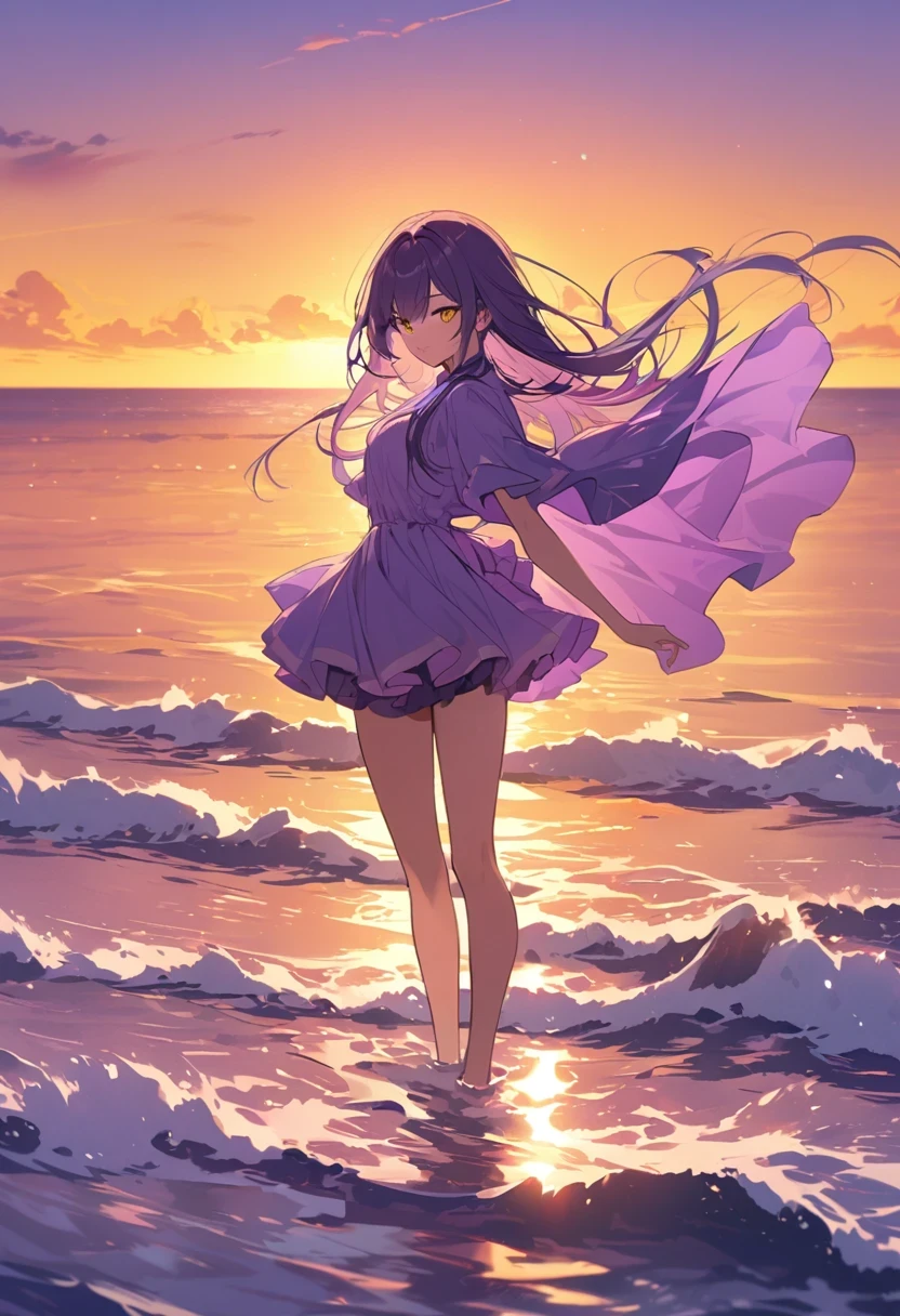 a purple ocean with an orange and yellow sunset with a lot of beauty