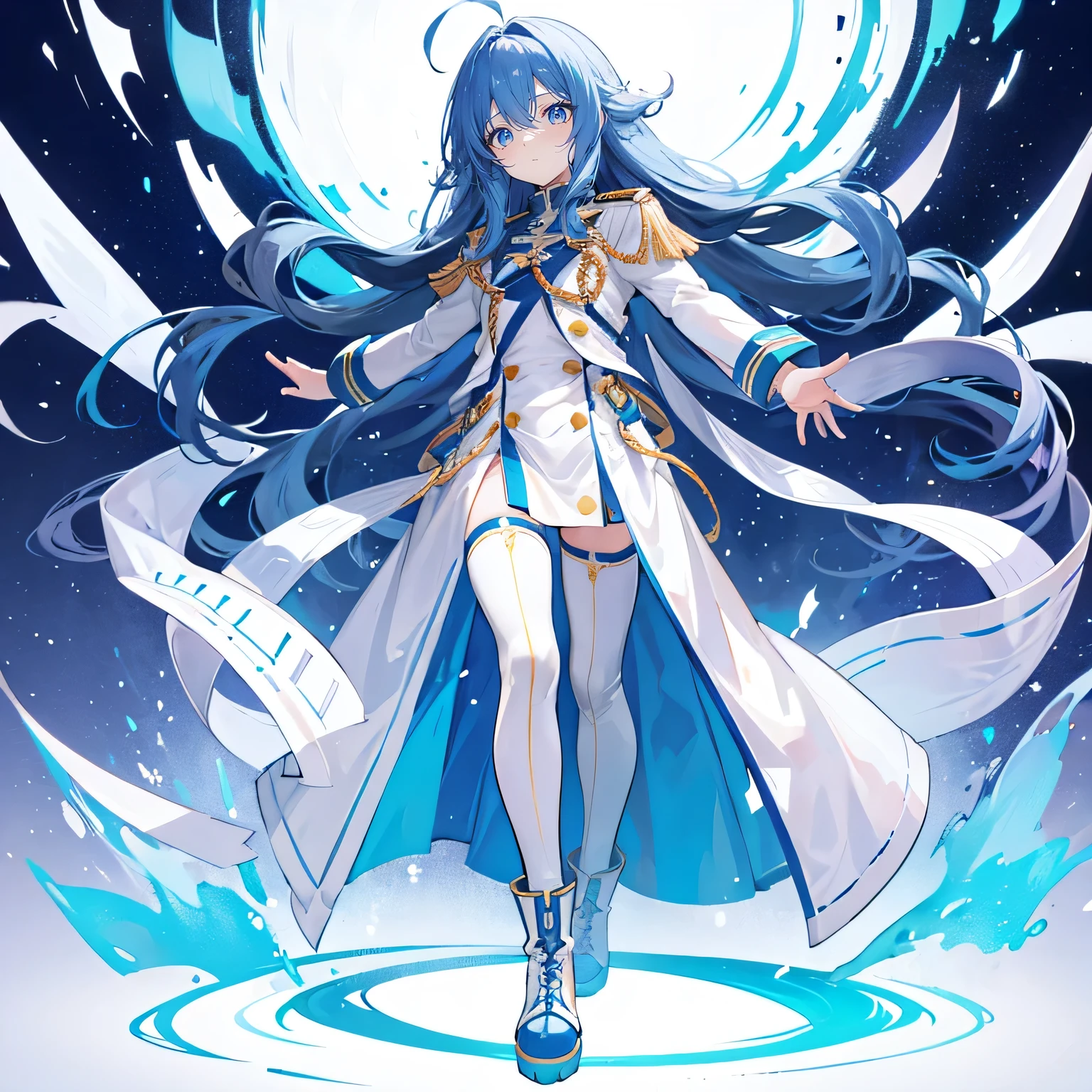 Blue long hair,Curly Hair,Ahoge,White uniform,student,boots,whole body,Standing with arms folded,Background white,boy