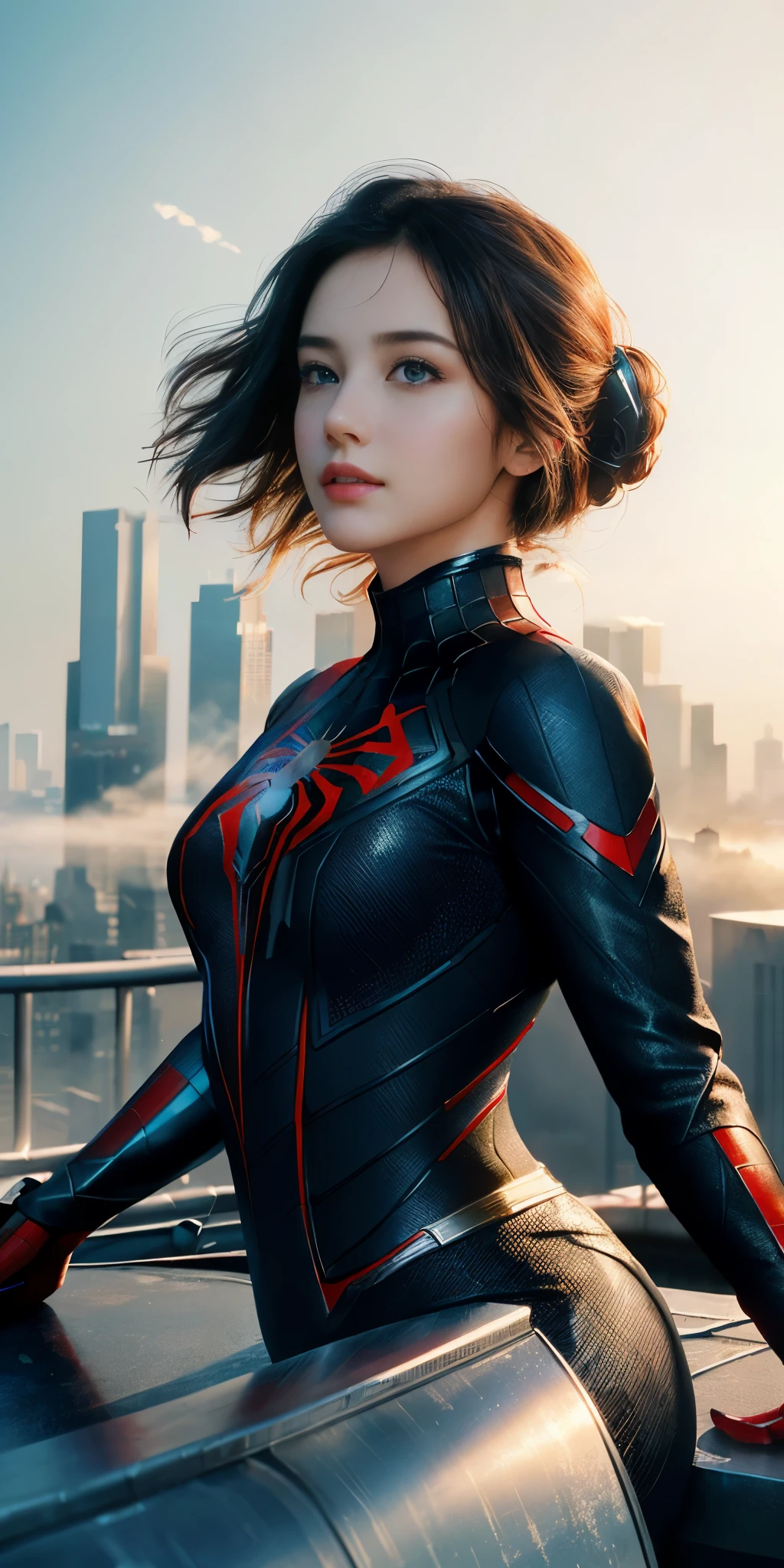 (1girl:1.3), Solo, (((Very detailed face)))), ((Very detailed eyes and face)))), Beautiful detail eyes, Body parts__, Official art, Unified 8k wallpaper, Super detailed, beautiful and beautiful, beautiful, masterpiece, best quality, original, masterpiece, super fine photo, best quality, super high resolution, realistic realism, sunlight, full body portrait, amazing beauty, dynamic pose, delicate face, vibrant eyes, (from the front), She wears Spider-Man suit, red and black color scheme, spider, very detailed city roof background, rooftop, overlooking the city, detailed face, detailed complex busy background, messy, gorgeous, milky white, highly detailed skin, realistic skin details, visible pores, clear focus, volumetric fog, 8k uhd, DSLR, high quality, film grain, fair skin, photo realism, lomography, futuristic dystopian megalopolis, translucent