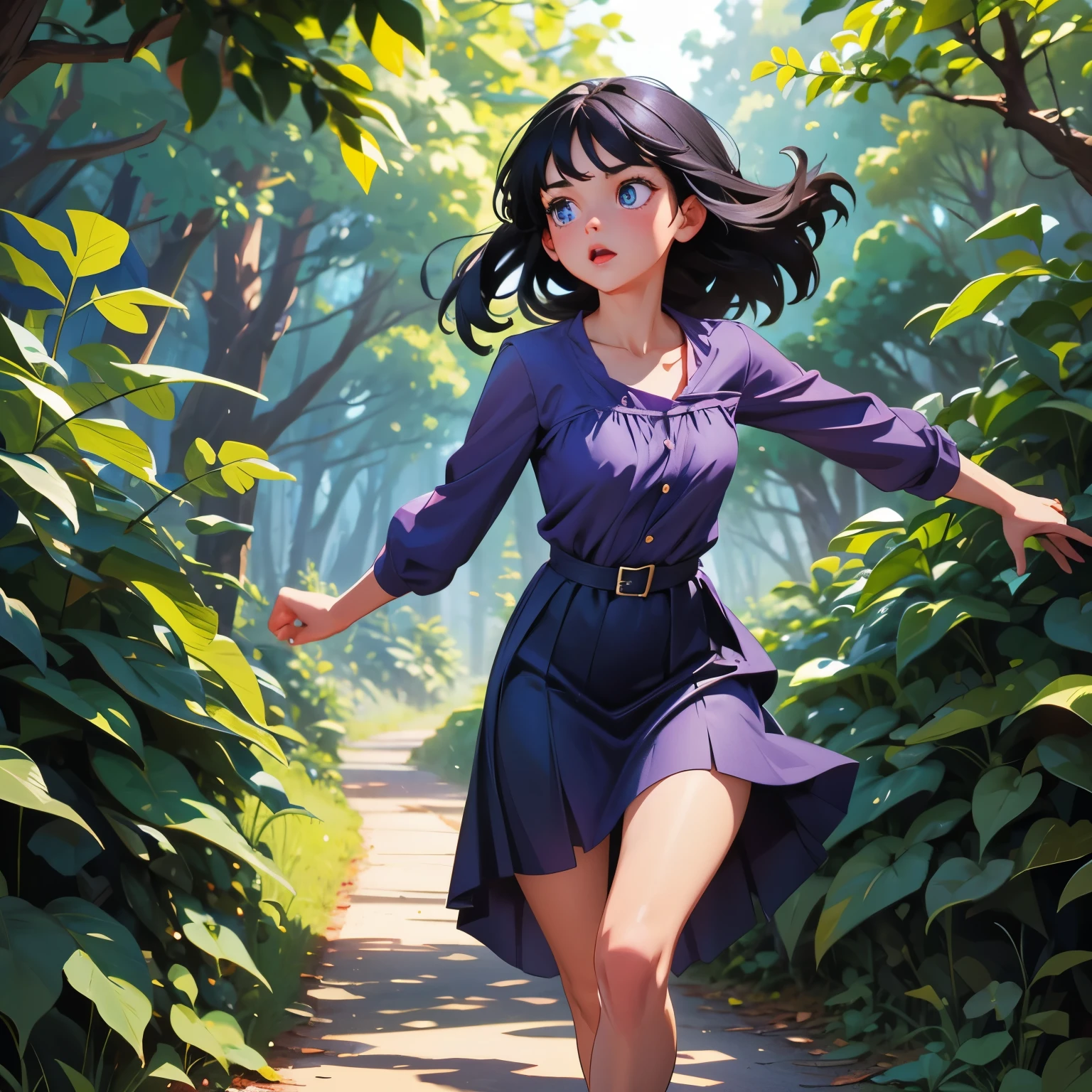 A girl running in the wood, scared, long black hair, blue eyes, purplw dress