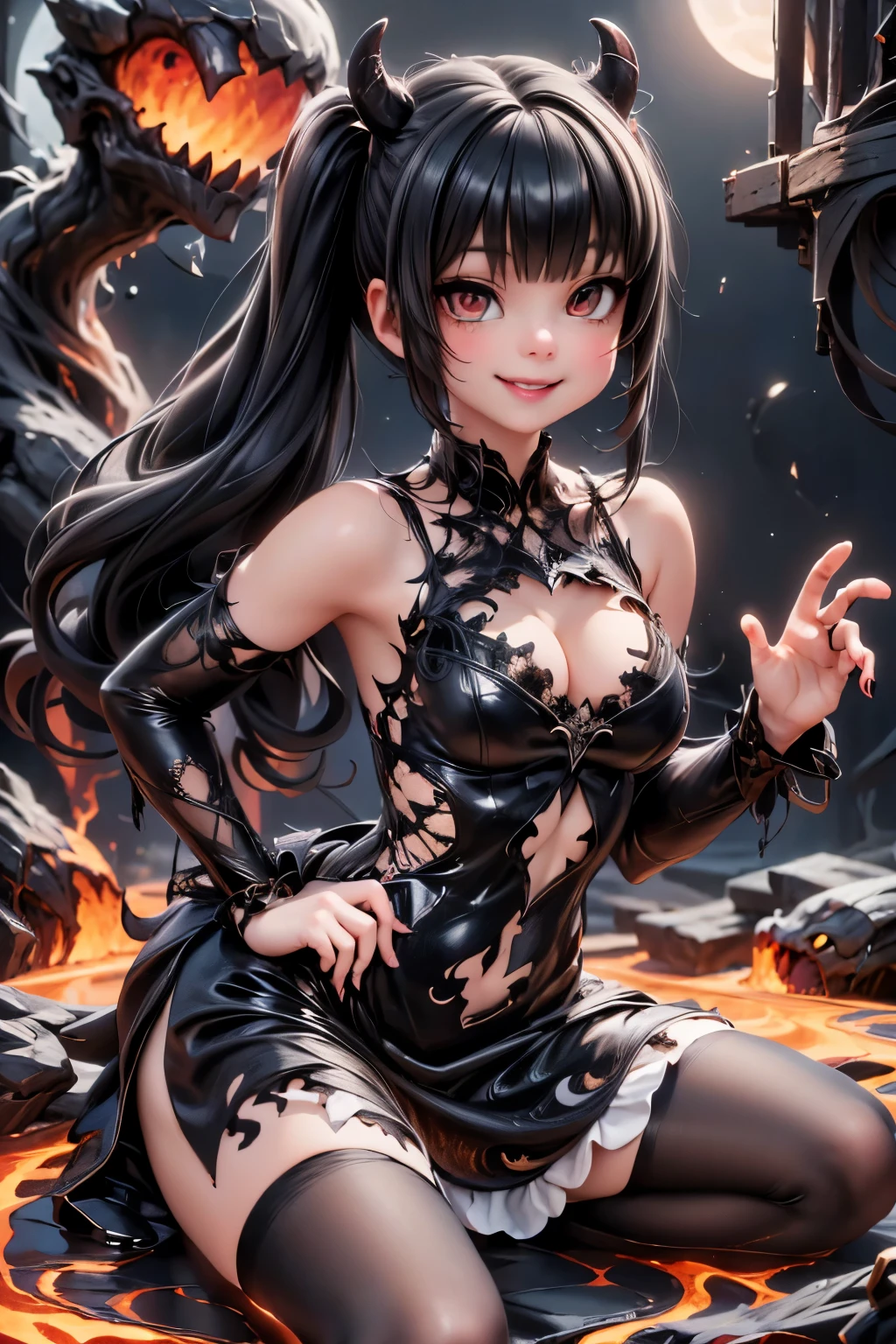 a demon girl smiling floating in the air, magic lava gothic dress, (magic lava mary_janes), at night, playful pose of a dancer, creepy, horror style