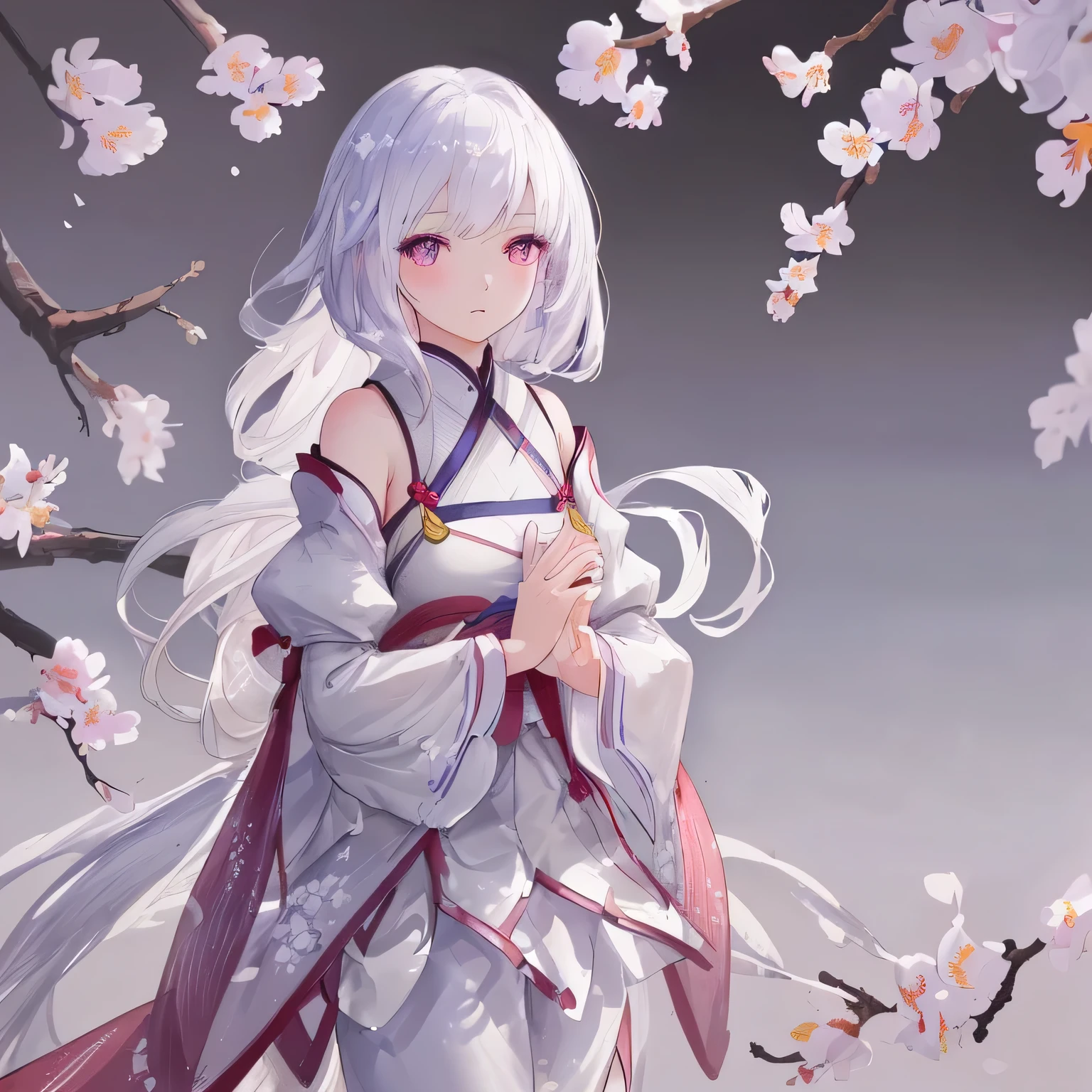 Artwork themed around white plum blossoms, ((highest quality)), High resolution, 8k, Cinematic Light, High Contrast, Written boundary depth, Strong brilliance, Detailed Background, One Girl, cute, fine grain, Shining Eyes, Detailed Iris,Pure、young、Grown-up、Delicate、Smells good