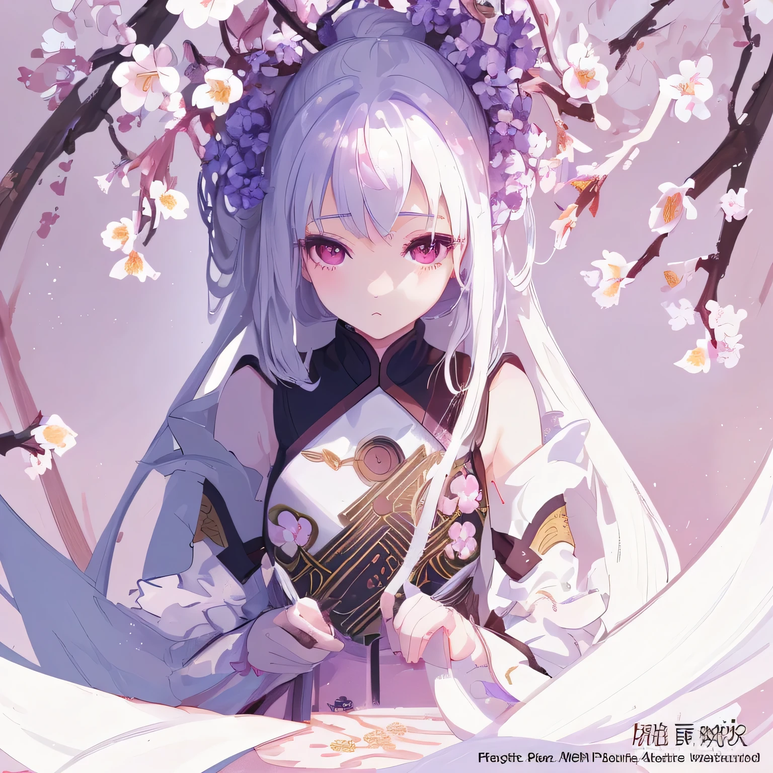 Artwork themed around white plum blossoms, ((highest quality)), High resolution, 8k, Cinematic Light, High Contrast, Written boundary depth, Strong brilliance, Detailed Background, One Girl, cute, fine grain, Shining Eyes, Detailed Iris,Pure、young、Grown-up、Delicate、Smells good
