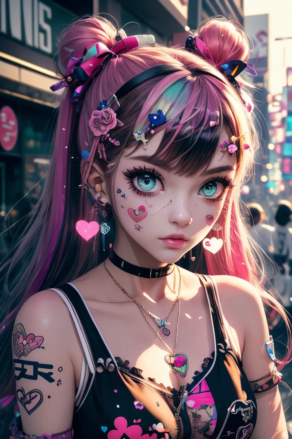 This is a Harajuku street-style masterpiece with extreme detail. Generate a trendy ((decora)) cyberpunk woman (standing) in the colorful and chaotic streets of Akihabara, Tokyo in the style of decora street style. The woman's decora and Harajuku street clothes are vibrant, with a mix of textures, neon colors, and inventive layering. Include oversized accessories like cute heart stickers on the woman's face, colorful hair clips and ribbons in different colors and sizes, and dynamic jewelry. (Her eyes are important) and should be symmetrical and detailed with interesting coloring and patterns. Include (iridescence) and (shimmer), glittering light, glowing neon signs, LED lights, (ultra detailed), dynamic composition