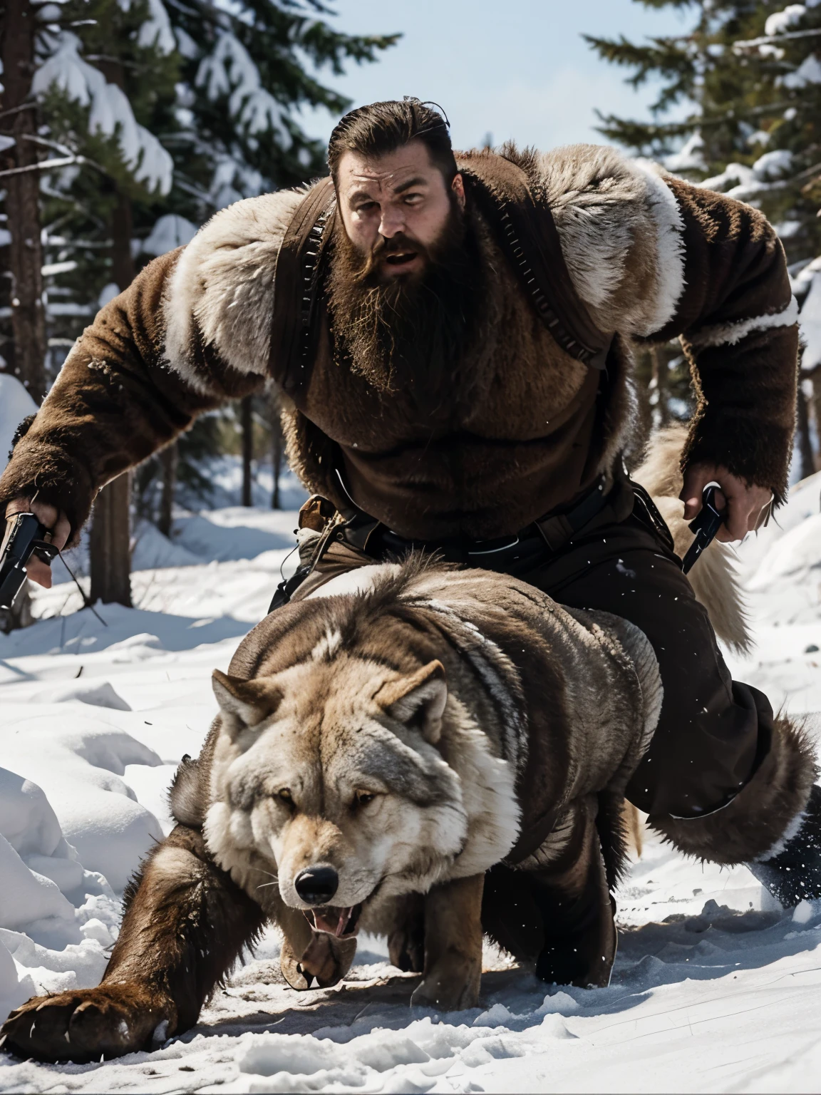 A bearded man, neither tall nor short, white in color, fighting a group of predatory wolves.