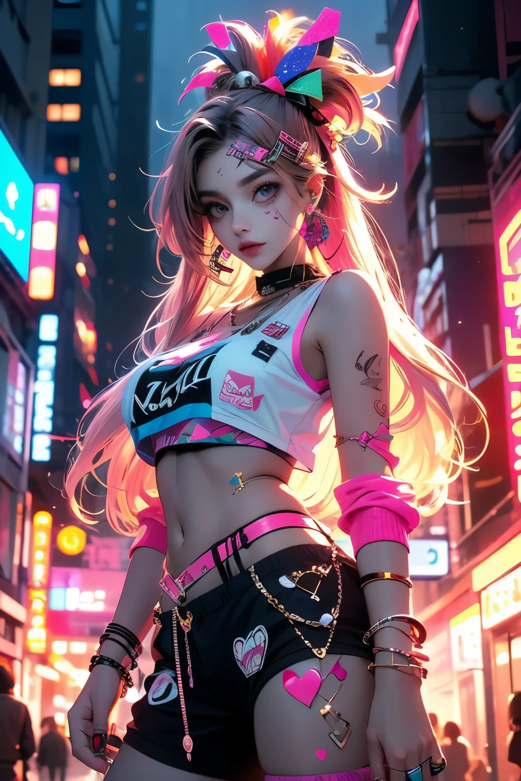 This is a Harajuku street-style masterpiece with extreme detail. Generate a trendy ((decora)) cyberpunk woman (standing) in the colorful and chaotic streets of Akihabara, Tokyo in the style of decora street style. The woman's decora and Harajuku street clothes are vibrant, with a mix of textures, neon colors, and inventive layering. Include oversized accessories like cute heart stickers on the woman's face, colorful hair clips and ribbons in different colors and sizes, and dynamic jewelry. (Her eyes are important) and should be symmetrical and detailed with interesting coloring and patterns. Include (iridescence) and (shimmer), glittering light, glowing neon signs, LED lights, (ultra detailed), dynamic composition