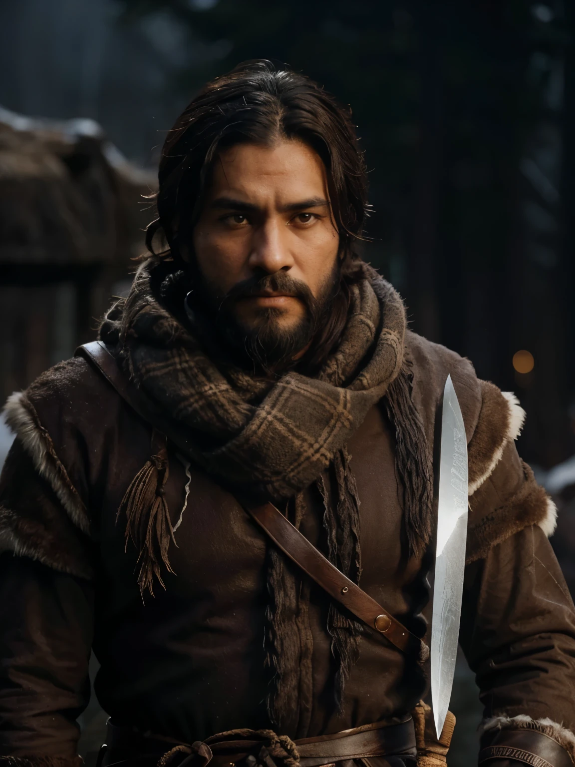A man with a black beard and brown eyes, wearing a scarf made of arctic wolf hair, with wound marks on his chest, and a knife made of dragon fang, standing over the corpses of killed wolves.