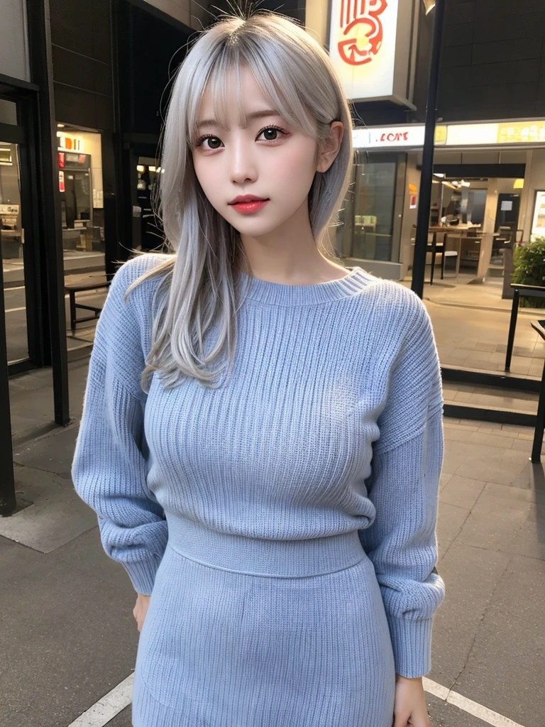 Tabletop, highest quality, shape, Very detailed, finely, High resolution, 8k wallpaper, 完璧なダイナミックな構shape, finelyて美しい目,  Natural Lip, light blue knit dress,Random sexy poses,Japanese,1 person,Silver Hair,Silver Hair,,Small breasts