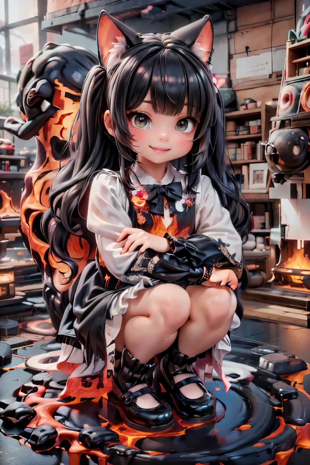 a girl smiling (magic lava clothes), clothes made entirely of lava, (magic lava dress), (magic lava mary janes), (mary janes made entirely of lava), lava hair, hair made of lava, crouching, (((sfw)))