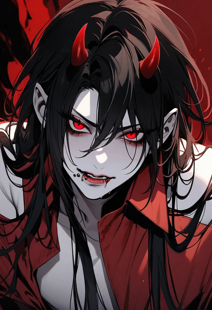 Vampire Man, White skin. black long hair, small red horns, Lower lip piercing, red vintage shirt