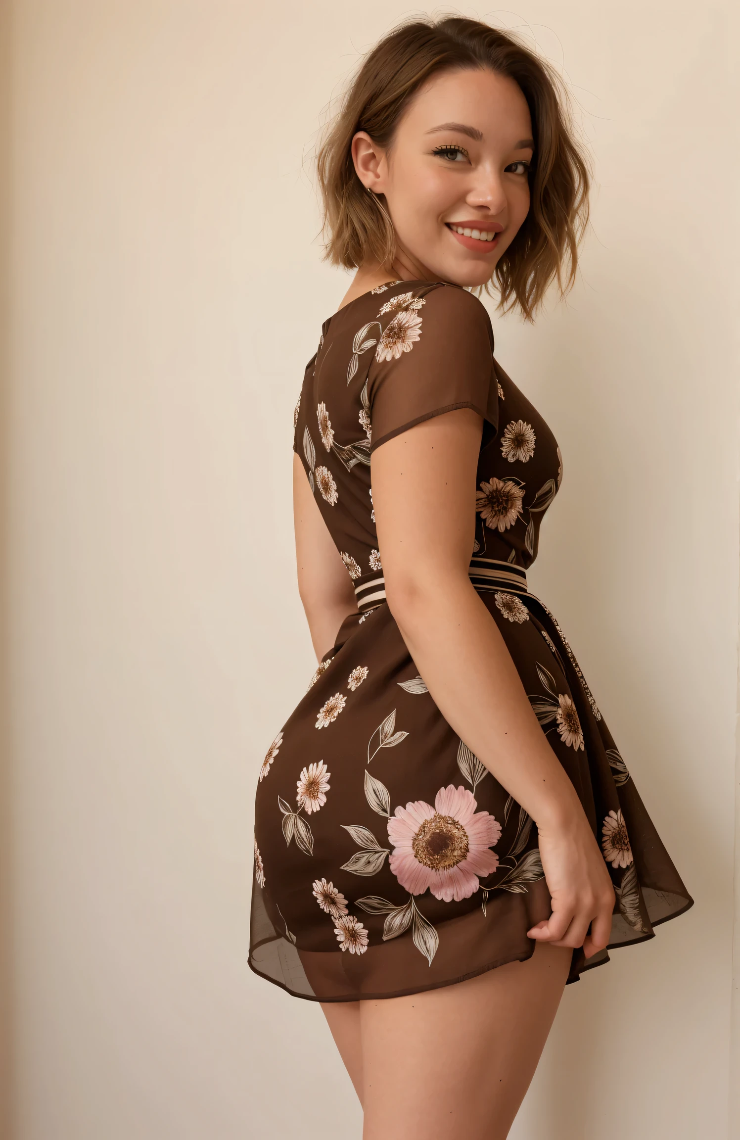 Autumn Nelson, masterpiece, best quality, 1girl, waist up, brown eyes, smile, lips, short blonde hair, closed mouth, wide hips, wearing a floral pattern dress, full length dress, solo, from below, from under the dress