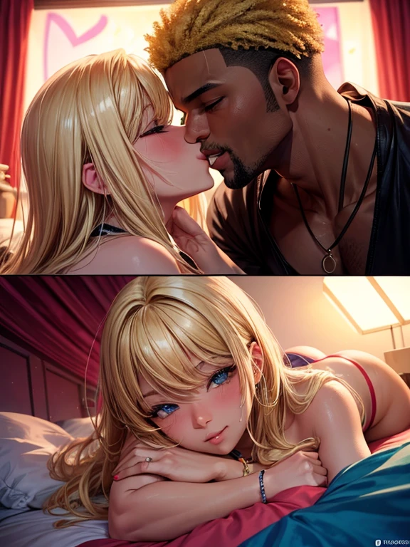 A blonde woman and a black man are in love in their bedroom, while some colorful flashes of neon lights illuminate them on the bed as they kiss passionately on Valentine's Day