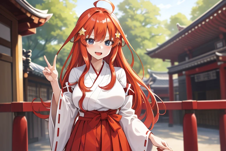 2d, masterpiece, best quality, anime, highly detailed, 5 girl, photo of 5 girl, quintuplets, nakano itsuki, red hair, long hair, star hair ornament, ahoge, large breasts, standing, miko, white hakama with red hakama, outdoors, smile, temple,