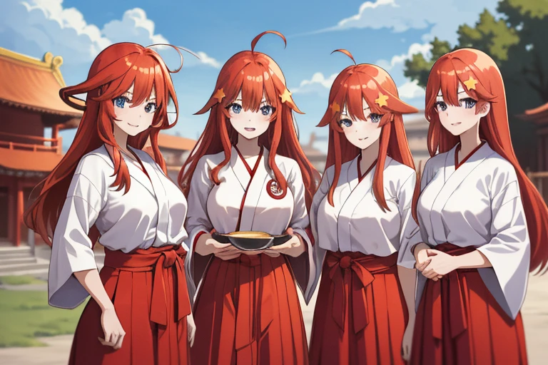 2d, masterpiece, best quality, anime, highly detailed, 5 girl, photo of 5 girl, quintuplets, nakano itsuki, red hair, long hair, star hair ornament, ahoge, large breasts, standing, miko, white hakama with red hakama, outdoors, smile, temple,