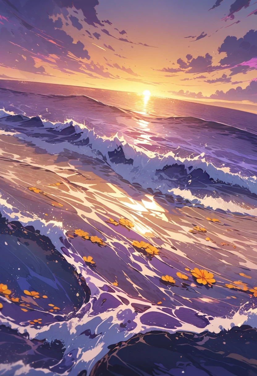 a purple ocean with an orange and yellow sunset with a lot of beautyful details, no humans or anime characters