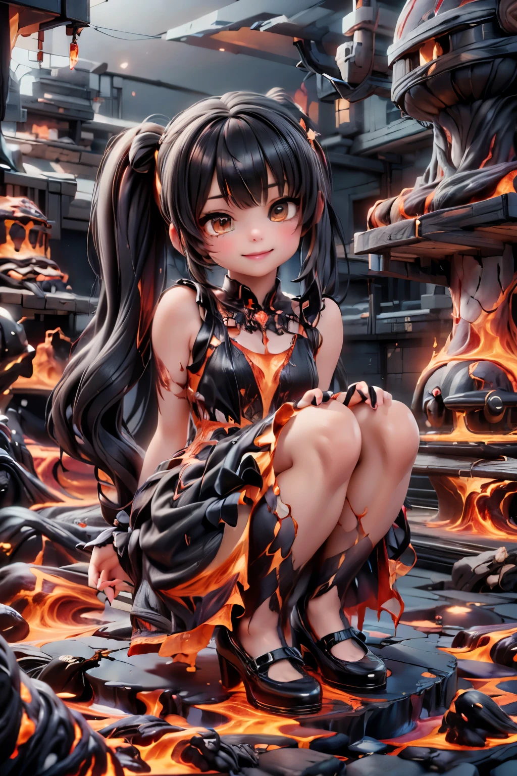 a girl smiling (magic lava clothes), clothes made entirely of lava, (magic lava dress), (magic lava mary_janes), (heels made entirely of lava), lava hair, hair made of lava, crouching, (((sfw)))