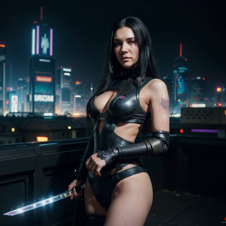 Beautiful woman, anti hero wearing black and purple uniform, laser katana sword in hand, white skin, long black hair, portrait, Jeff Bridges, ((cartoon style)), Marvel Cinematic Universe style, (((cyberpunk city in the background))), soft bokeh of futuristic city, Atey Ghailan, Jeremy Mann, Greg Manchess, Antonio Moro, trend in ArtStation, trend in CGSociety, Intricate, High Detail, Sharp focus, dramatic and photorealistic painting art by Midjourney and Greg Rutkowski, bokeh in the background