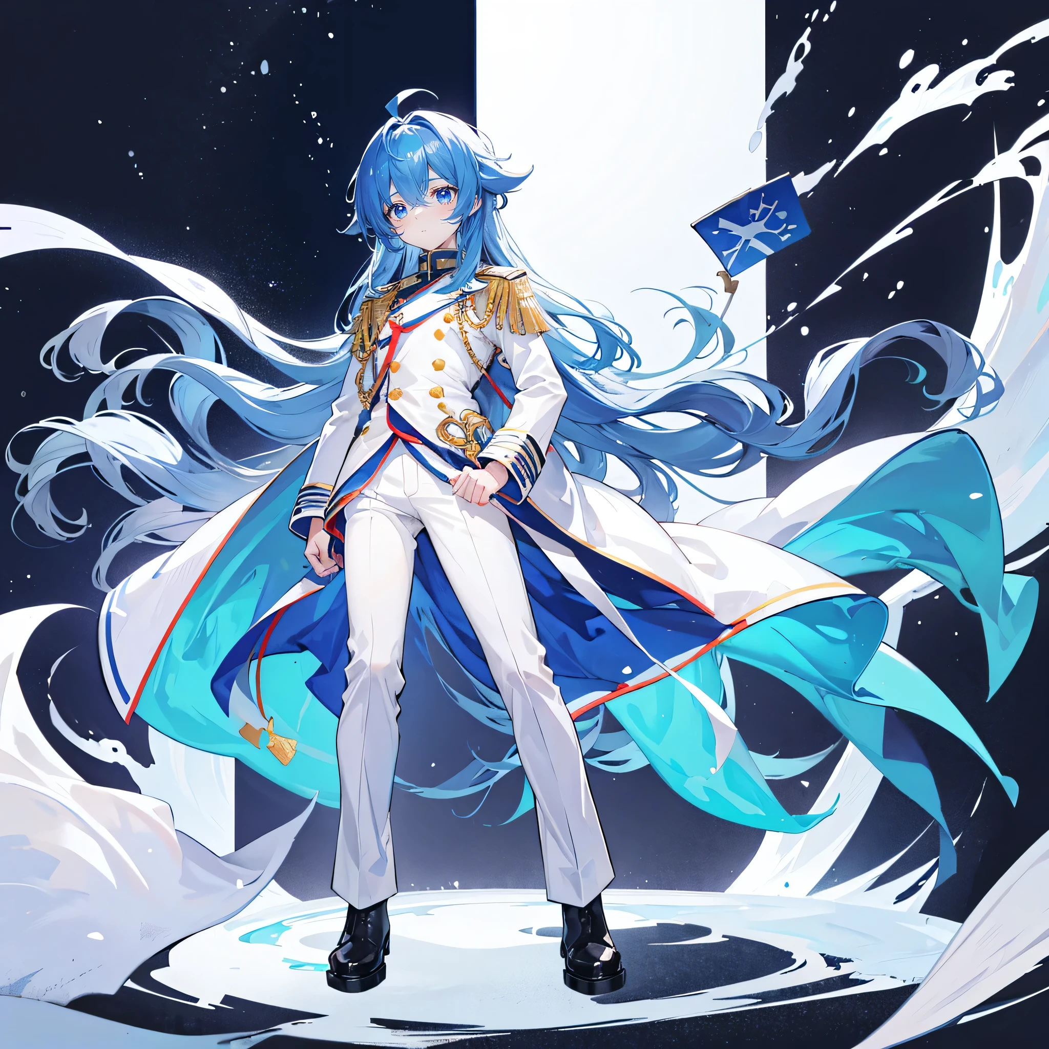 Blue long hair，Curly Hair，Ahoge，White uniform，student，boots，whole body，Standing with arms folded，Background white，White trousers，Eye color: Red，boy