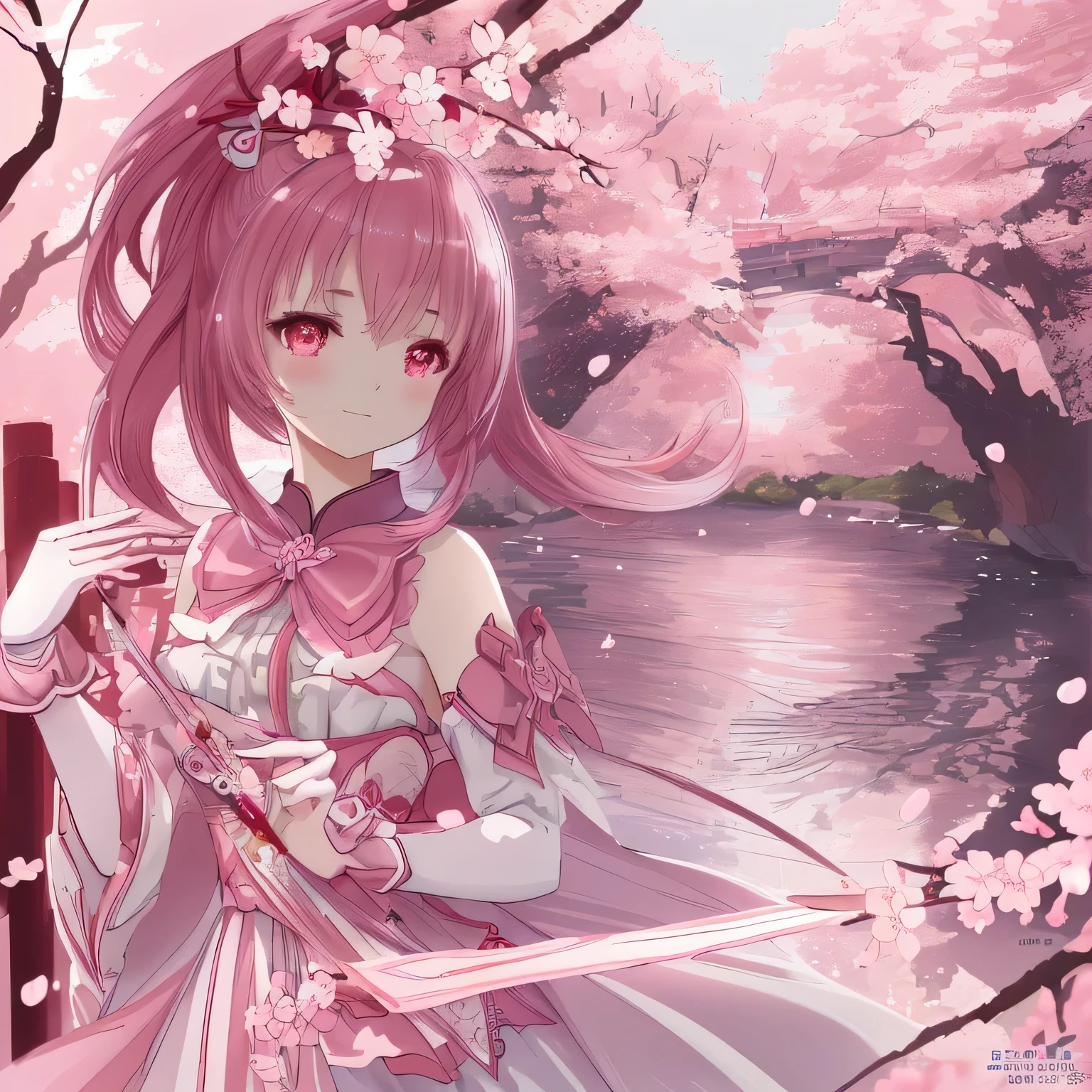 Light ink-colored artwork with a cherry blossom theme, ((highest quality)), High resolution, 8k, Cinematic Light, High Contrast, Written boundary depth, Strong brilliance, Detailed Background, One Girl, cute, fine grain, Shining Eyes, Detailed Iris,bright、Hilarious、The Magic of Cherry Blossoms、Smells good、Alluring