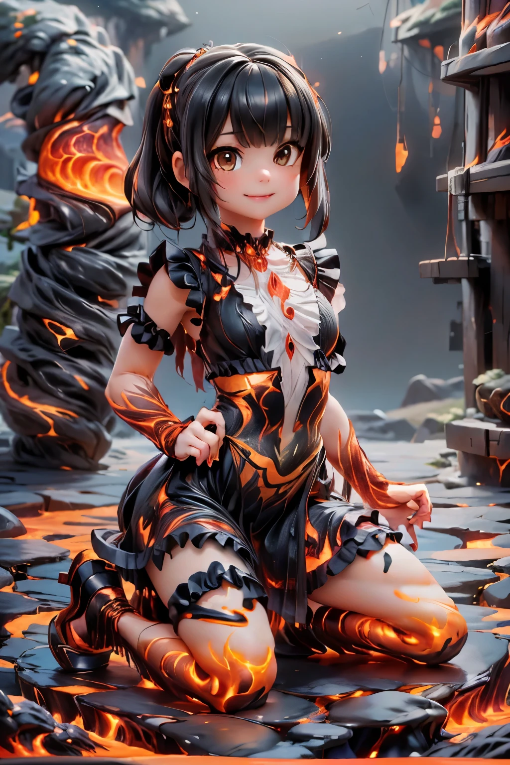 a girl smiling (magic lava clothes), clothes made entirely of lava, (magic lava dress), (magic lava heels), (heels made entirely of lava), lava hair, hair made of lava, crouching, (((sfw)))