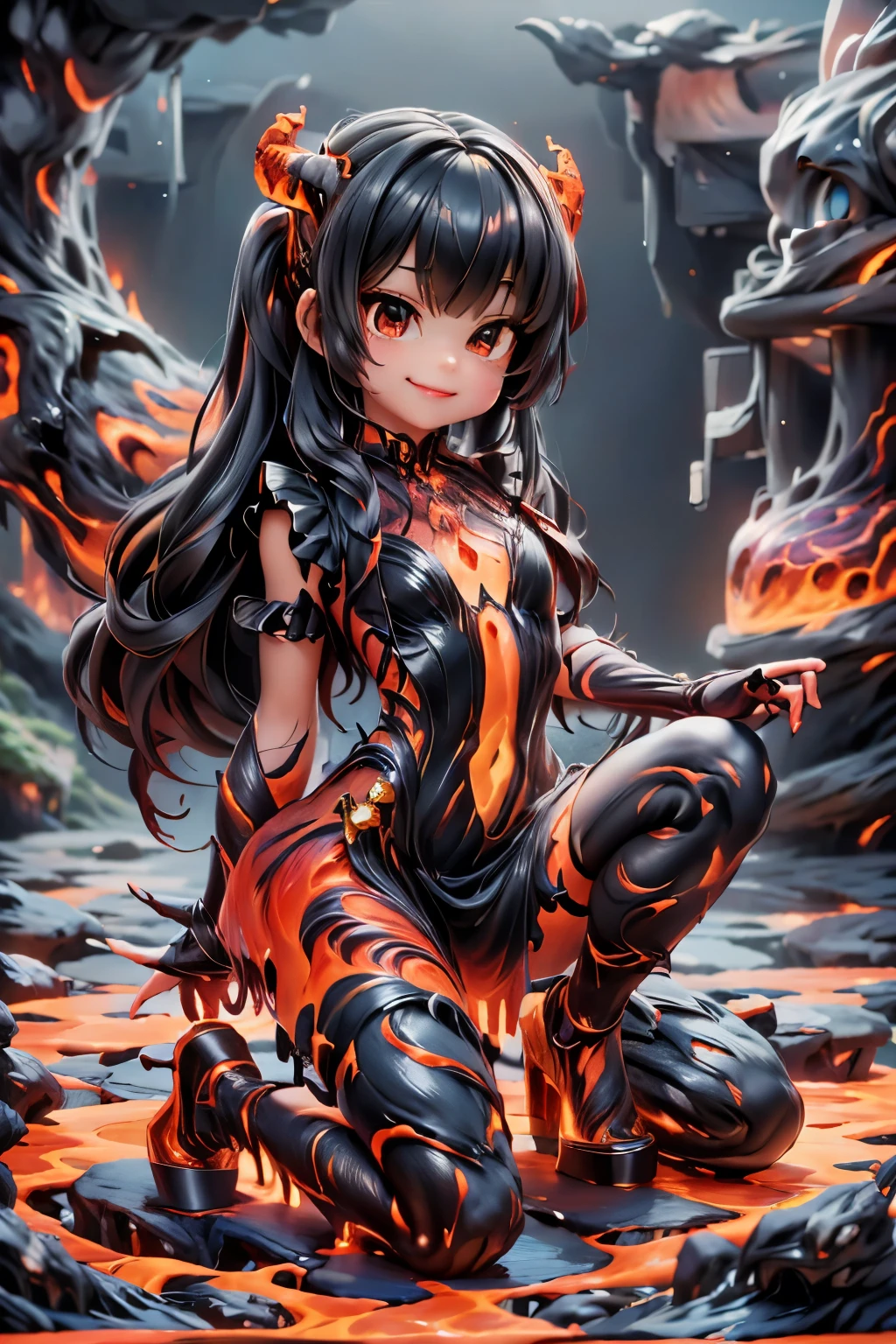 a demon girl smiling (magic lava clothes), clothes made entirely of lava, (magic lava dress), (magic lava heels), (heels made entirely of lava), lava hair, hair made of lava, crouching, (((sfw)))