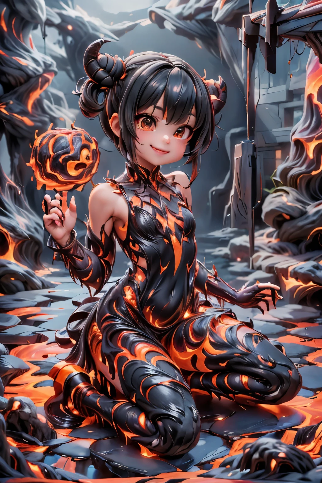 a demon girl smiling (magic lava clothes), clothes made entirely of lava, (magic lava dress), (magic lava heels), (heels made entirely of lava), lava hair, hair made of lava, crouching, (((sfw)))