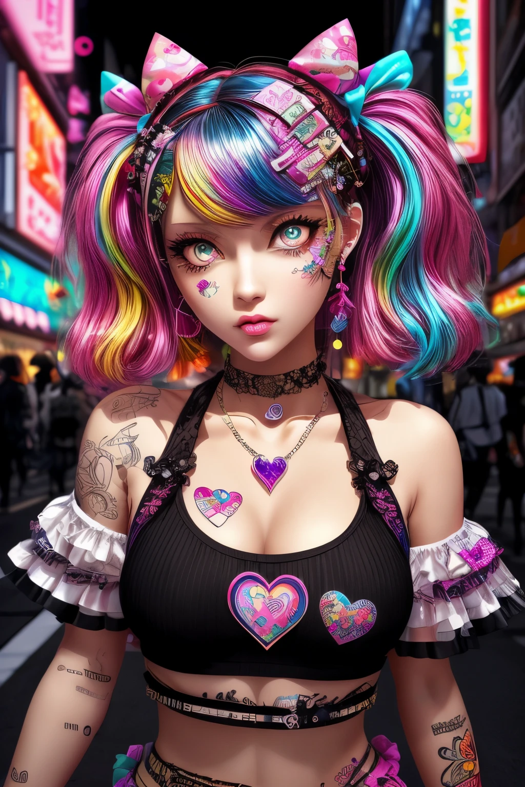 This is a Harajuku street-style masterpiece with extreme detail. Generate a trendy ((decora)) cyberpunk woman (standing) in the colorful and chaotic streets of Akihabara, Tokyo in the style of decora street style. The woman's decora and Harajuku street clothes are vibrant, with a mix of textures, neon colors, and inventive layering. Include oversized accessories like cute heart stickers on the woman's face, colorful hair clips and ribbons in different colors and sizes, and dynamic jewelry. (Her eyes are important) and should be symmetrical and detailed with interesting coloring and patterns. Include (iridescence) and (shimmer), glittering light, glowing neon signs, LED lights, (ultra detailed), dynamic composition