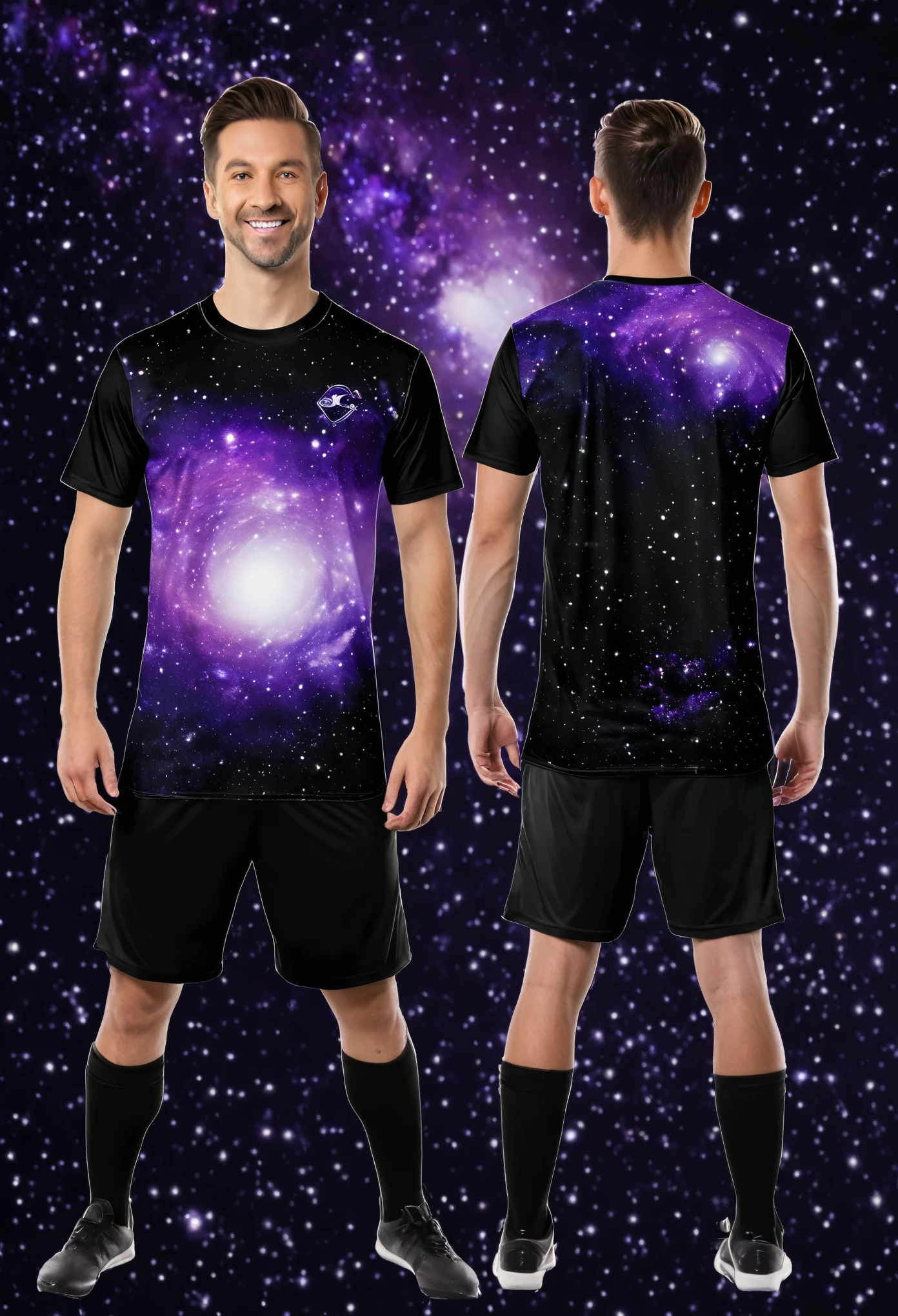 Purple and Black Galaxy Soccer T-Shirt. Front and back view without human model.
