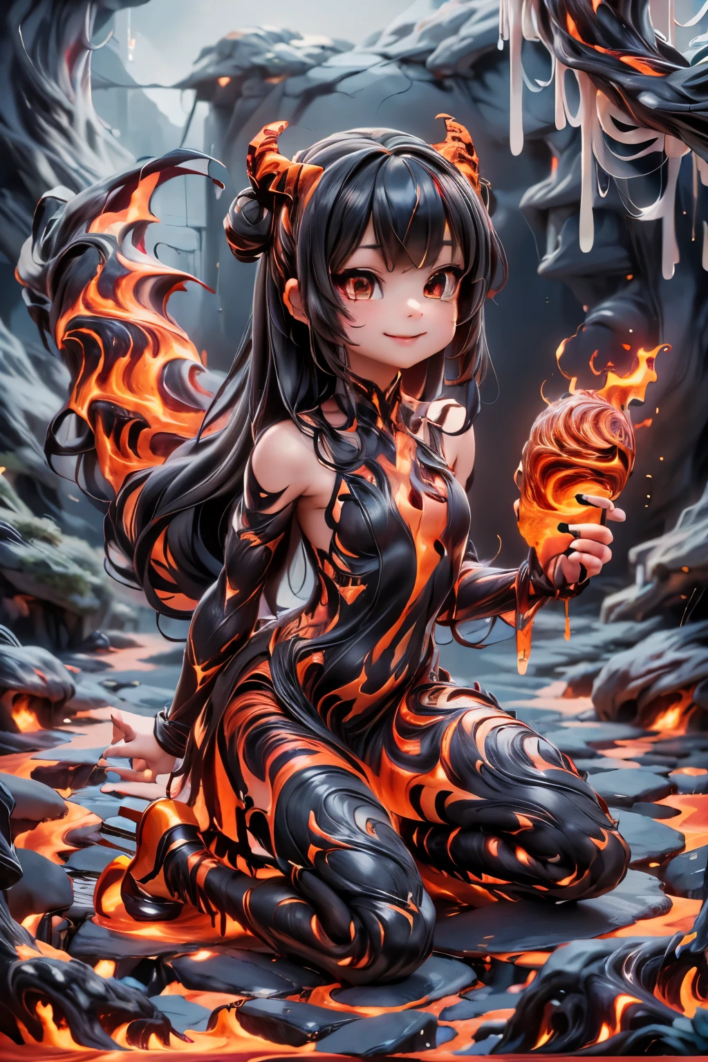 a female demon smiling (magic lava clothes), clothes made entirely of lava, (magic lava dress), (magic lava heels), (heels made entirely of lava), lava hair, hair made of lava, crouching, (((sfw)))