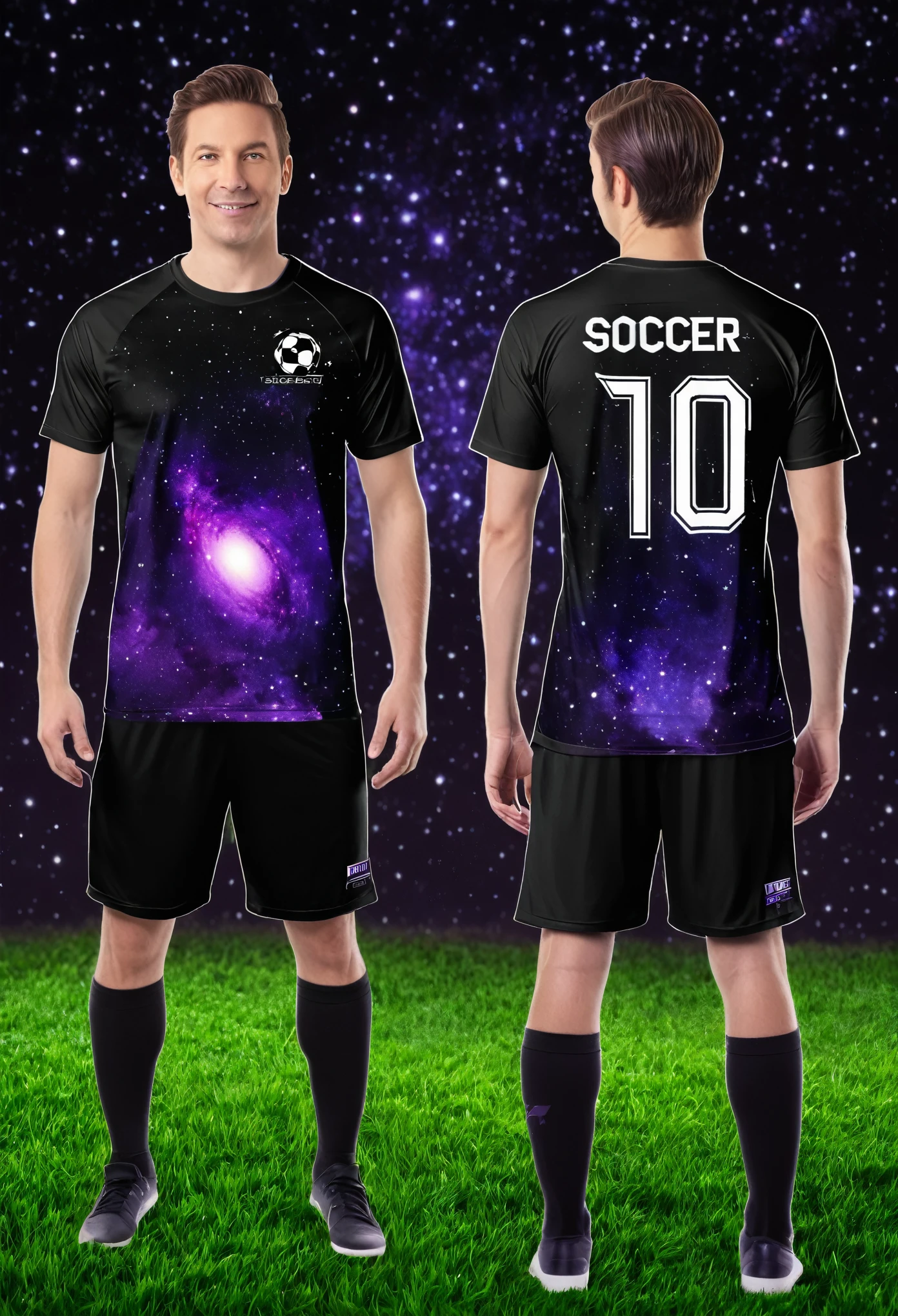 Purple and Black Galaxy Soccer T-Shirt. Front and back view without human model.