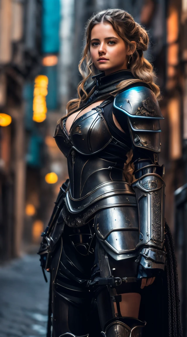 Masterpiece, realistic, twenty five years old woman, wavy dark blonde hair, busty, wearing black deep cleavage armor, the armor consist detailed gear, detailed cables, detailed wire, and detailed mechanical stuff, on her back is a dual black katana, she is standing on a cyber city alley