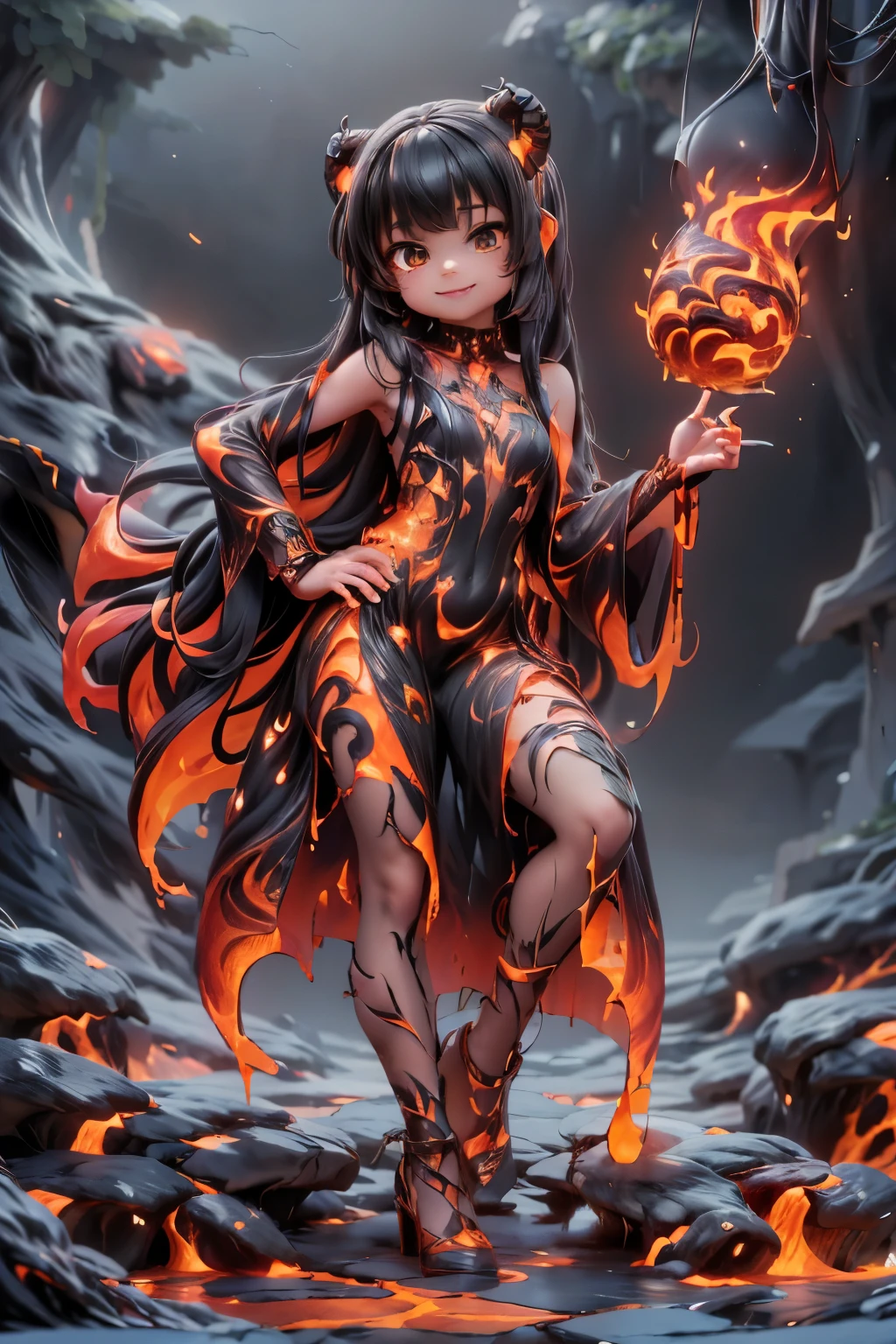 a female demon smiling (magic lava clothes), clothes made entirely of lava, (magic lava dress), (magic lava heels), (heels made entirely of lava), lava hair, hair made of lava, slouching, (((sfw)))