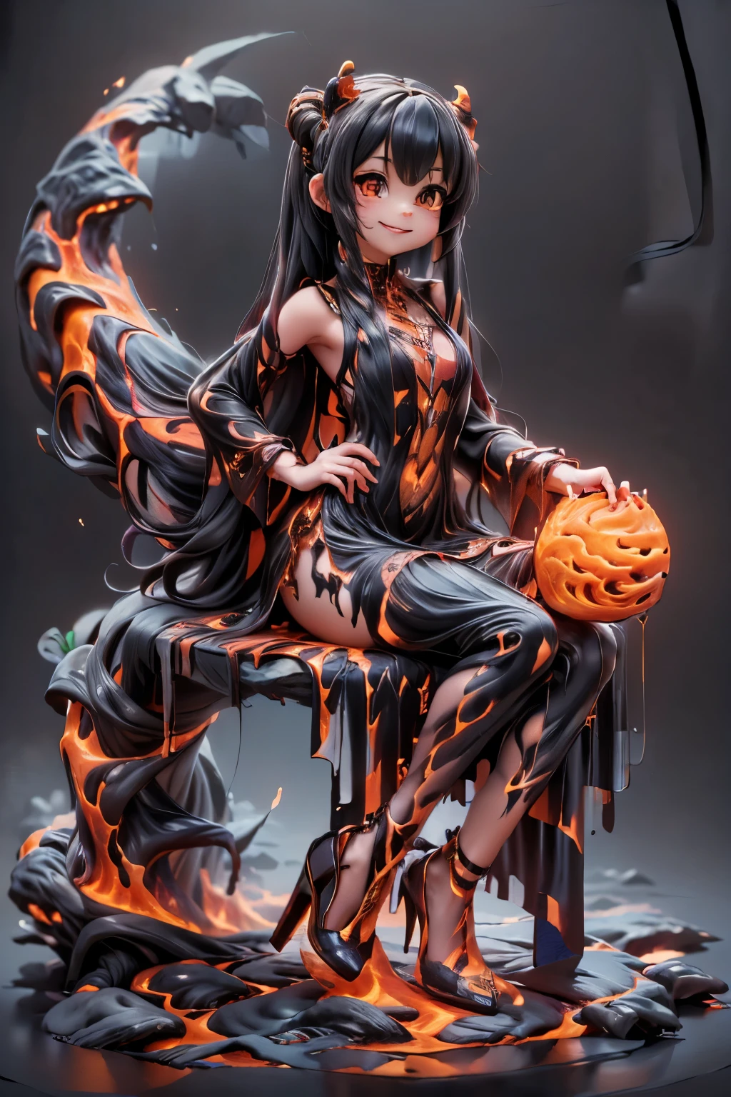 a female demon smiling (magic lava clothes), clothes made entirely of lava, (magic lava dress), (magic lava heels), (heels made entirely of lava), lava hair, hair made of lava, slouching, (((sfw)))