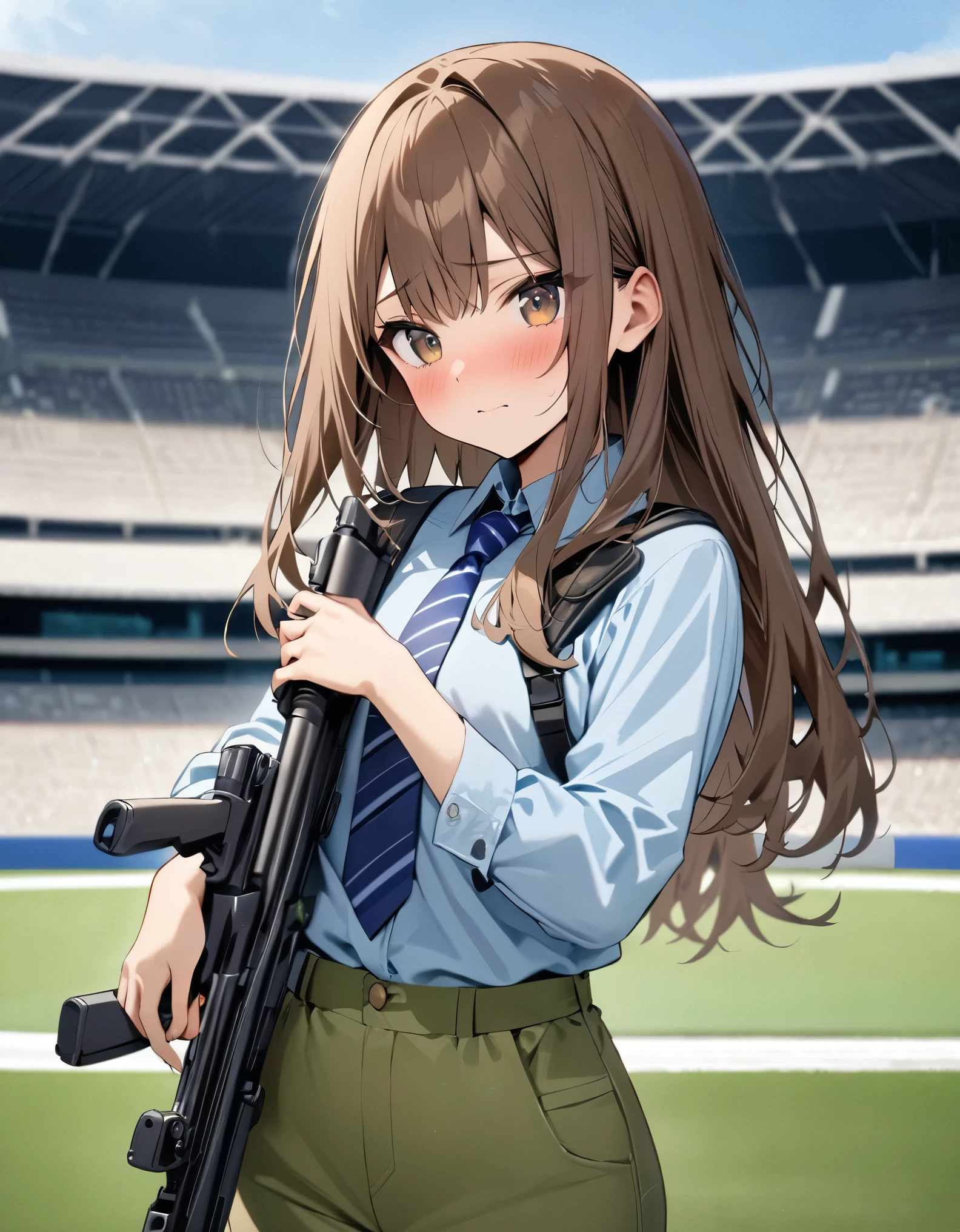 masterpiece, best quality, highres, 1girl, solo, solo focus, dark brown hair, long hair, hazel brown eyes, beautiful detailed eyes, beautiful detailed face, cute face, perfect hands, light blue shirt, long sleeves, shoulder holster, blue striped necktie, green pants, black shoes. blush, shy, klutzy. tokyo stadium backdrop, outdoors. holding an e11blstr rifle.