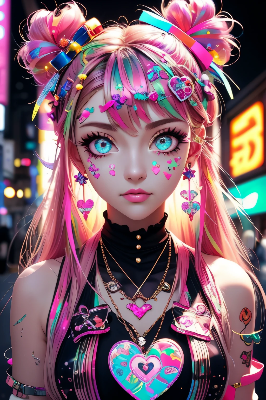 This is a Harajuku street-style masterpiece with extreme detail. Generate a trendy ((decora)) cyberpunk woman (standing) in the colorful and chaotic streets of Akihabara, Tokyo in the style of decora street style. The woman's decora and Harajuku street clothes are vibrant, with a mix of textures, neon colors, and inventive layering. Include oversized accessories like cute heart stickers on the woman's face, colorful hair clips and ribbons in different colors and sizes, and dynamic jewelry. (Her eyes are important) and should be symmetrical and detailed with interesting coloring and patterns. Include (iridescence) and (shimmer), glittering light, glowing neon signs, LED lights, (ultra detailed), dynamic composition