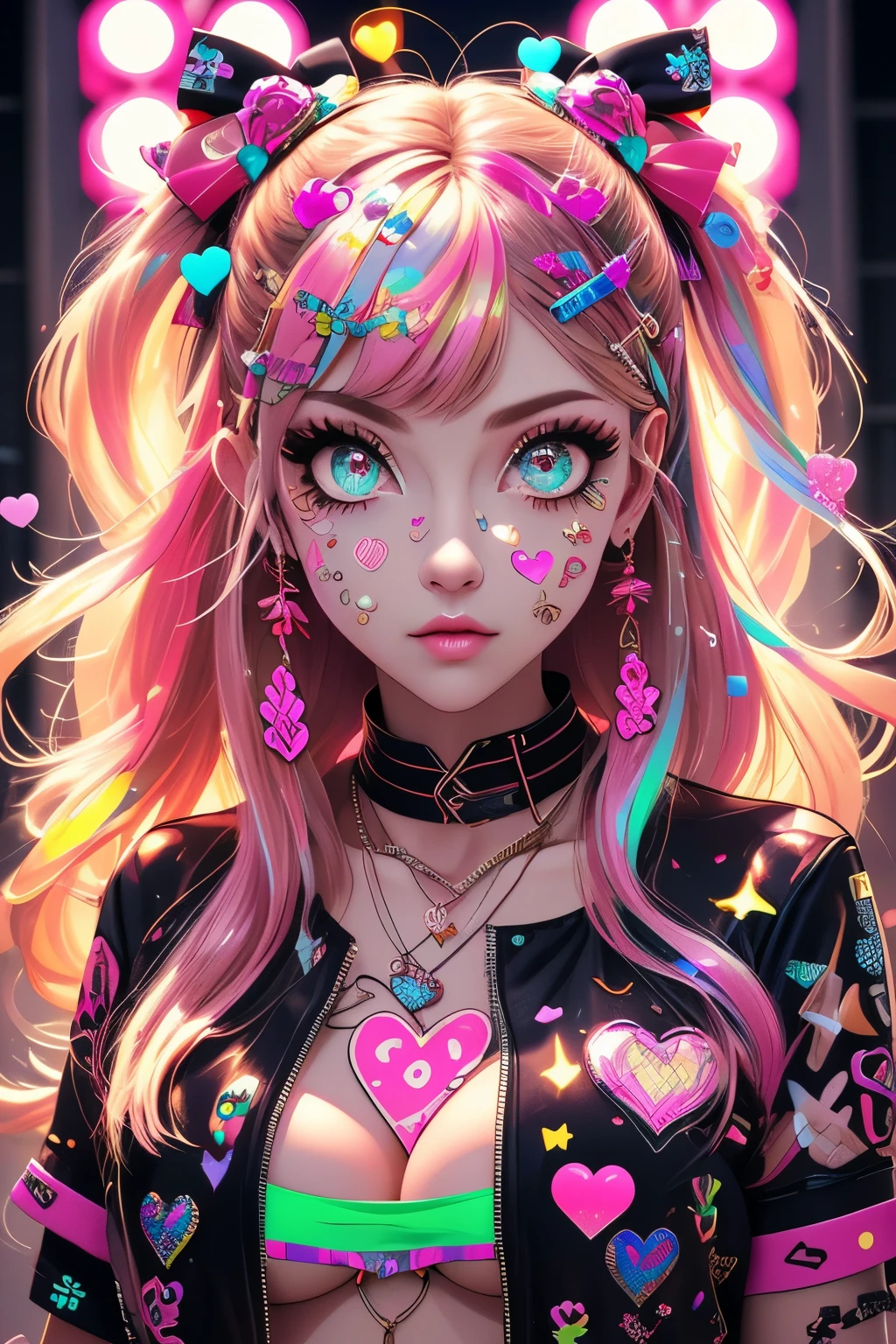 This is a Harajuku street-style masterpiece with extreme detail. Generate a trendy ((decora)) cyberpunk woman (standing) in the colorful and chaotic streets of Akihabara, Tokyo in the style of decora street style. The woman's decora and Harajuku street clothes are vibrant, with a mix of textures, neon colors, and inventive layering. Include oversized accessories like cute heart stickers on the woman's face, colorful hair clips and ribbons in different colors and sizes, and dynamic jewelry. (Her eyes are important) and should be symmetrical and detailed with interesting coloring and patterns. Include (iridescence) and (shimmer), glittering light, glowing neon signs, LED lights, (ultra detailed), dynamic composition