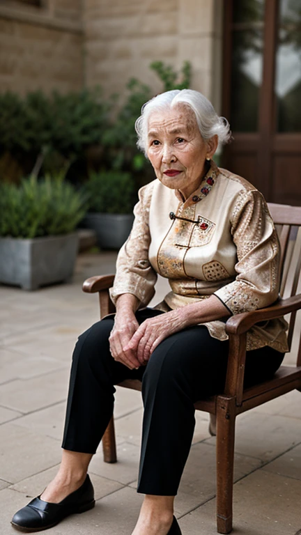 (masterpiece),Distant mirror,An old Chinese woman with wrinkled face sits in the courtyard and watches her Chinese grandson run by,90 years old,((without make-up)),(( no lipstick )), Dry skin;Wearing a light-colored patterned period costume from the 1960s,Black pants,Chinese cloth shoes, Ultra-realistic,dry fingers,Ultra Detailed,Sharp focus , Distant mirror头