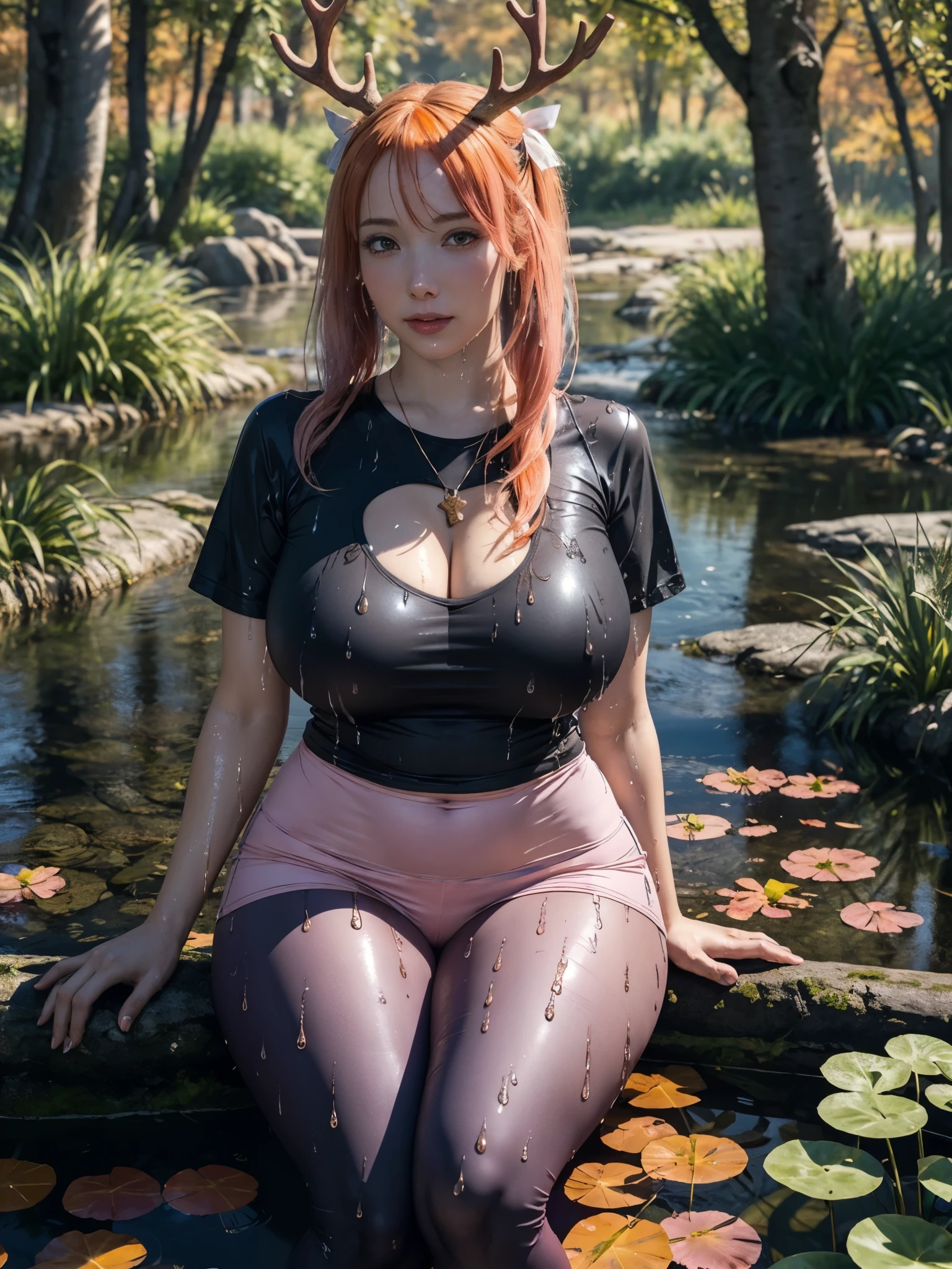 1girl, sitting, forest, (wet hair, see-through wet clothes:1.2), wide short sleeve, heart pendant, (legging:1.2), one hand up, gold-trimmed sleeve, looking at viewer, pond, swamp, water surface, autumn weather, water stream, little waterfall, sitting on trunk, peaceful, dreamy lighting, water ripple, ultra detailed, beautiful and aesthetic, masterpiece, best quality, elegant, vivid colors, (realistic:1.3), (orange hair:pink hair:1.2), multicolored hair, gradient hair, voluminous hair, yellow eyes, maple antlers, hair ribbon, orange dress, sharp focus, gigantic breasts, (thick thighs:0.9), (obese body:0.8), (fat thighs:0.6), (wide hips:0.8), very long hair, absurdly_long_hair, high twintails, 