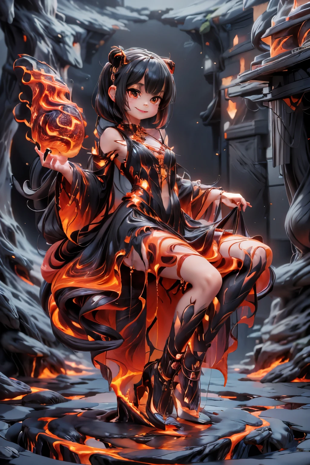 a demon girl smiling (magic lava clothes), clothes made entirely of lava, (magic lava dress), (magic lava heels), (heels made entirely of lava), lava hair, hair made of lava, floating, (((sfw)))