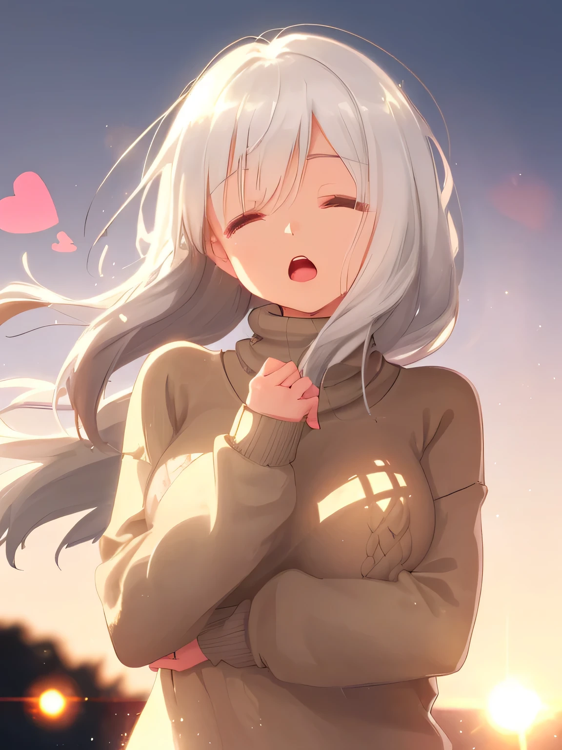 girl, Wear a cozy sweater, Upper Body, (LOL:1.1), (Open your mouth:1.1), (Eyes Wide Open:1.2), Sun glare, Bokeh, Depth of written boundary, Blurred Background, Particles of light, Strong winds, (Heart Particles:1.1)