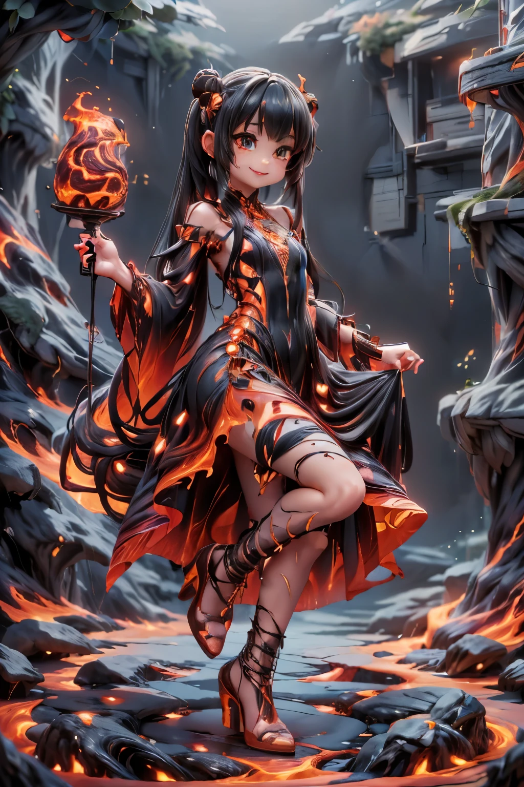 a demon girl smiling (magic lava clothes), clothes made entirely of lava, (magic lava dress), (magic lava heels), (heels made entirely of lava), lava hair, hair made of lava, leaping, (((sfw)))