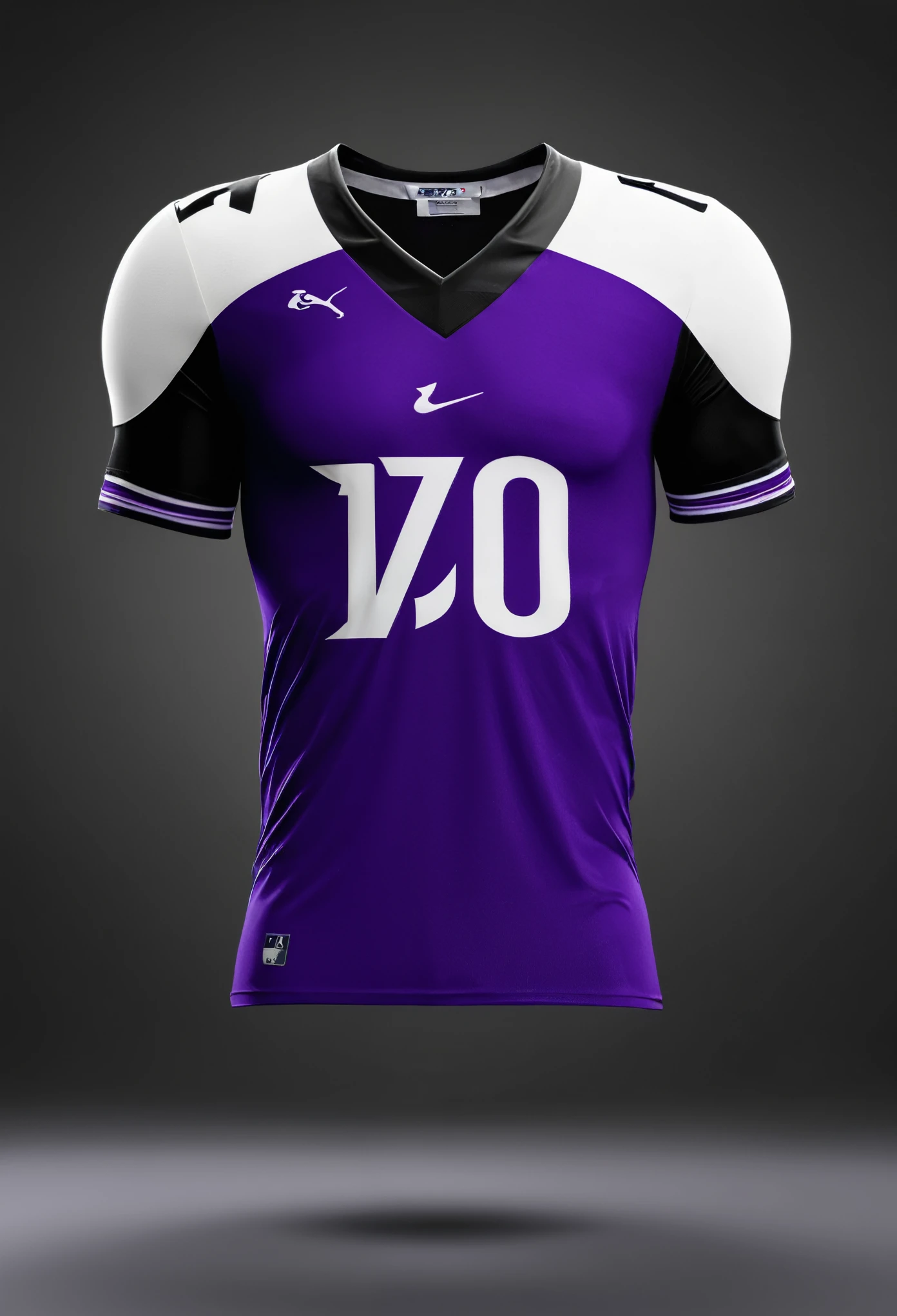 Football jersey with purple main color and black secondary color, con adornos color blanco. Vista frontal, trasera y de perfl.