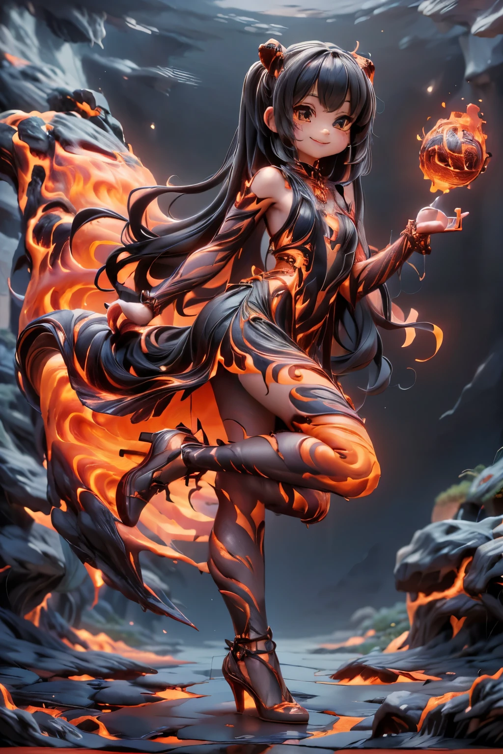 a demon girl smiling (magic lava clothes), clothes made entirely of lava, (magic lava dress), (magic lava heels), (heels made entirely of lava), lava hair, hair made of lava, dramatic floating pose on the air, (((sfw))), angle from below