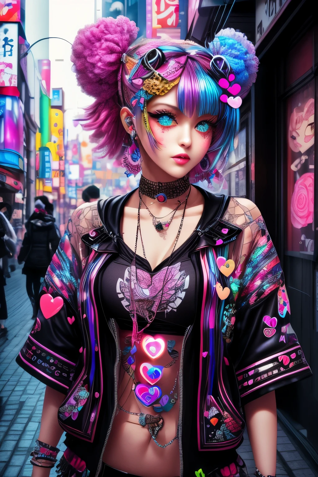 This is a Harajuku street-style masterpiece with extreme detail. Generate a trendy ((decora)) cyberpunk woman (standing) in the colorful and chaotic streets of Akihabara, Tokyo in the style of decora street style. The woman's decora and Harajuku street clothes are vibrant, with a mix of textures, neon colors, and inventive layering. Include oversized accessories like cute heart stickers on the woman's face, colorful hair clips and ribbons in different colors and sizes, and dynamic jewelry. (Her eyes are important) and should be symmetrical and detailed with interesting coloring and patterns. Include (iridescence) and (shimmer), glittering light, glowing neon signs, LED lights, (ultra detailed), dynamic composition
