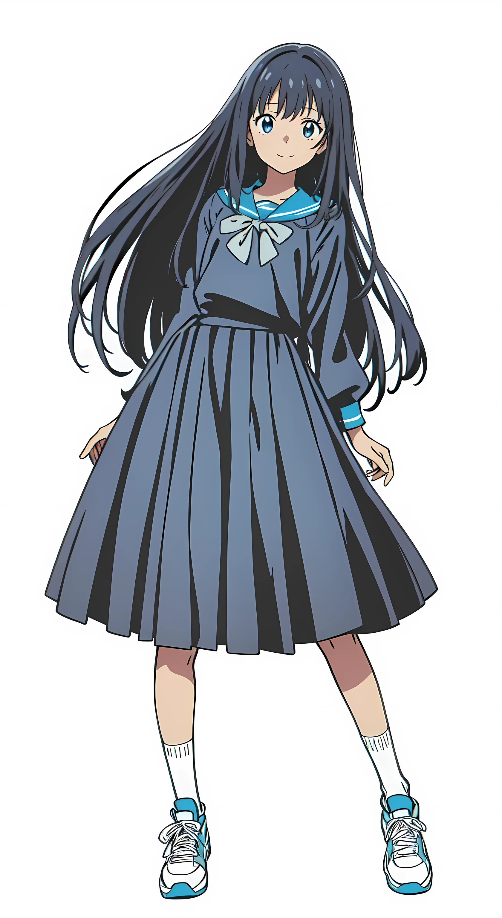 (cheerful:1.25), (white background:1.0), (best quality:1.0), (masterpiece:1.0), (super fine illustration:1.0), (beautiful artwork:1.0), (anime screencap:1.0), (official art:1.0), (solo:1.0), (JHSGA:1.0), (a cute girl:1.0), (long skirt:1.0), (dark blue skirt:1.0), (pleated skirt:1.0), (dark blue sailor uniform:1.0), (long sleeve sailor uniform:1.0), (sneakers:1.0), (white socks:1.0), (ideal ratio body proportions:1.0), (lanky:1.0), (tall:1.0), (slender:1.0), (small breasts:1.0), (smaller face:1.0), (tareme:1.0), (detailed beautiful eyes:1.0), (detailed beautiful face:1.0), (glowing black eyes:1.0), (medium hair:1.0), (black hair:1.0), (standing:1.0), (looking at viewer:1.0)
