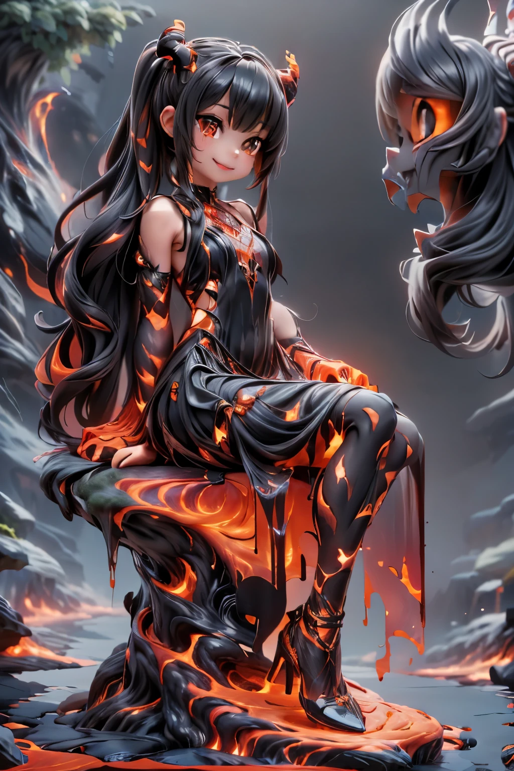 a demon girl smiling (magic lava clothes), clothes made entirely of lava, (magic lava dress), (magic lava heels), (heels made entirely of lava), lava hair, hair made of lava, sitting on a giant lava skull, (((sfw))), dynamic angle